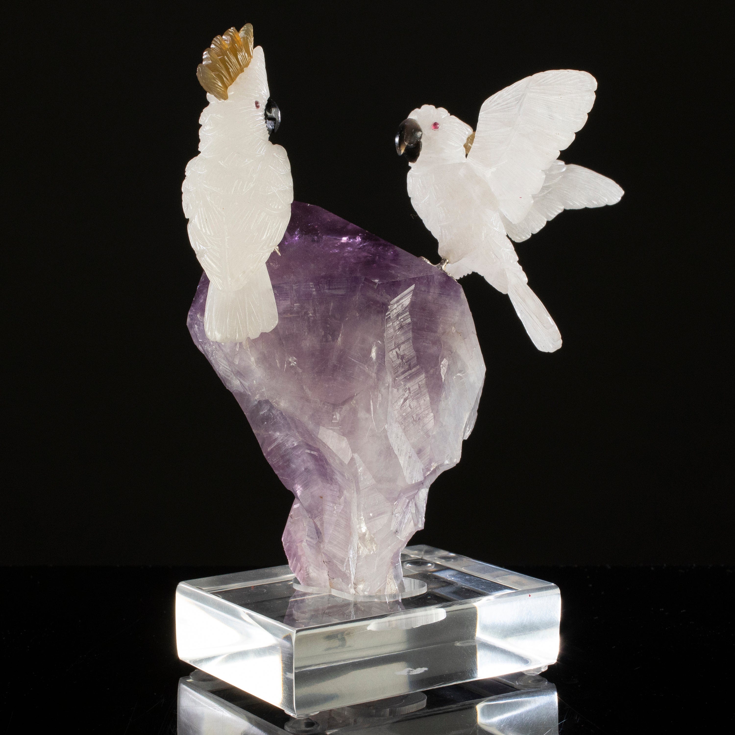 KALIFANO Love Birds Carvings Peter Muller Quartz Cockatoo Couple Carving on Amethyst Point Base LB.C405.018