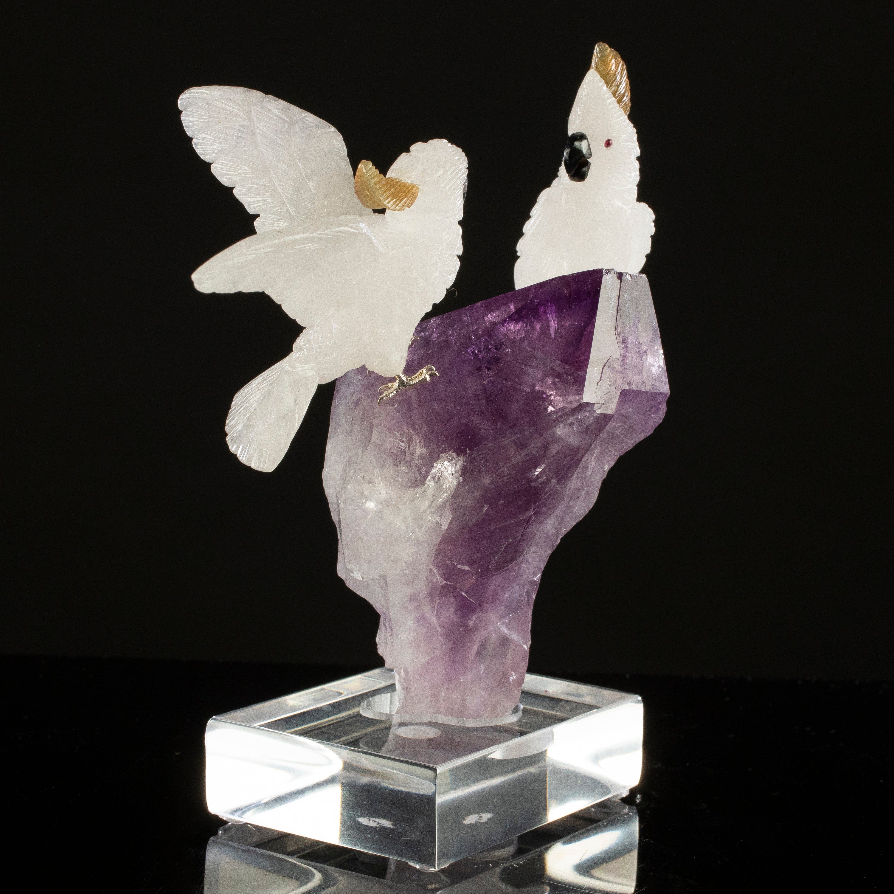 KALIFANO Love Birds Carvings Peter Muller Quartz Cockatoo Couple Carving on Amethyst Point Base LB.C405.018