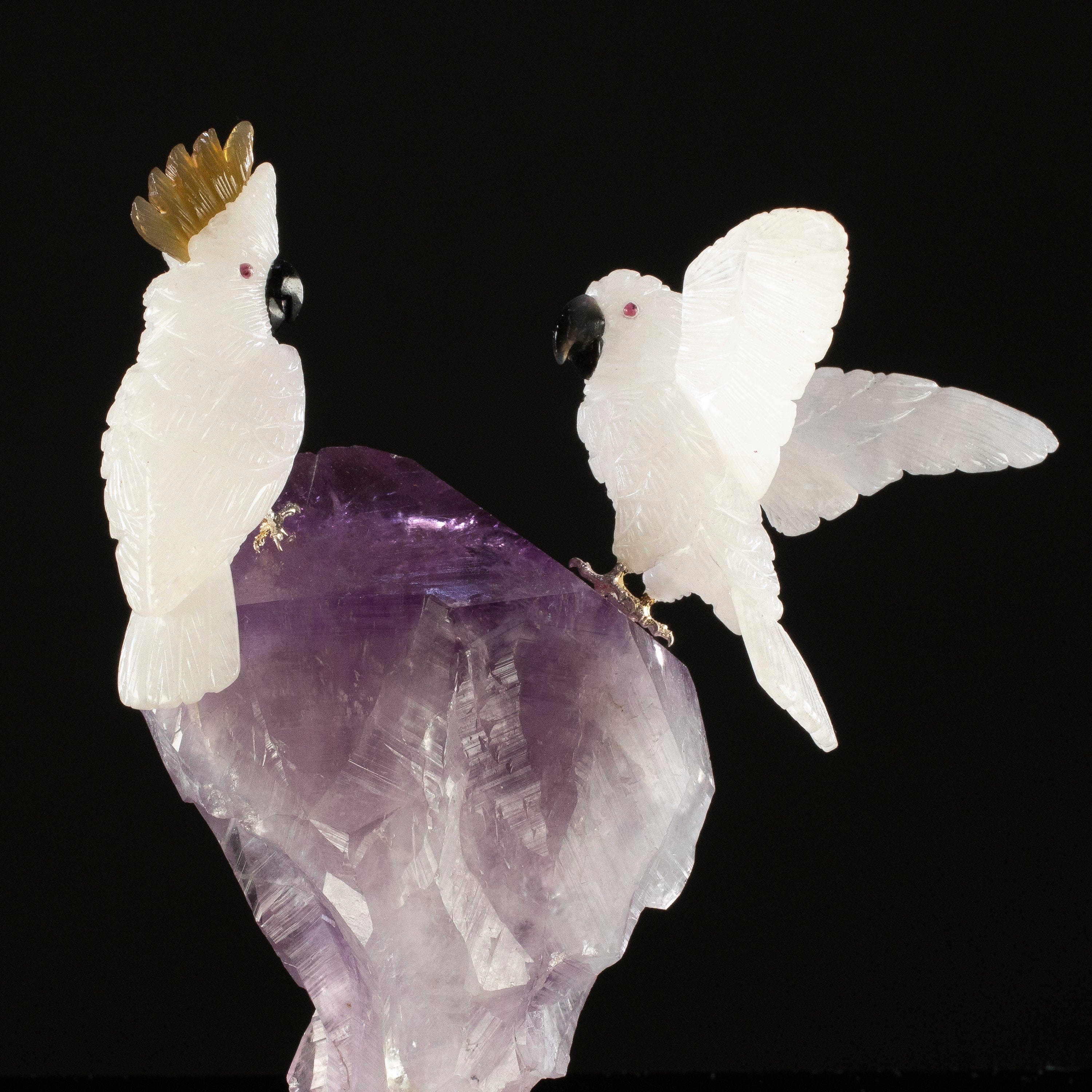 KALIFANO Love Birds Carvings Peter Muller Quartz Cockatoo Couple Carving on Amethyst Point Base LB.C405.018