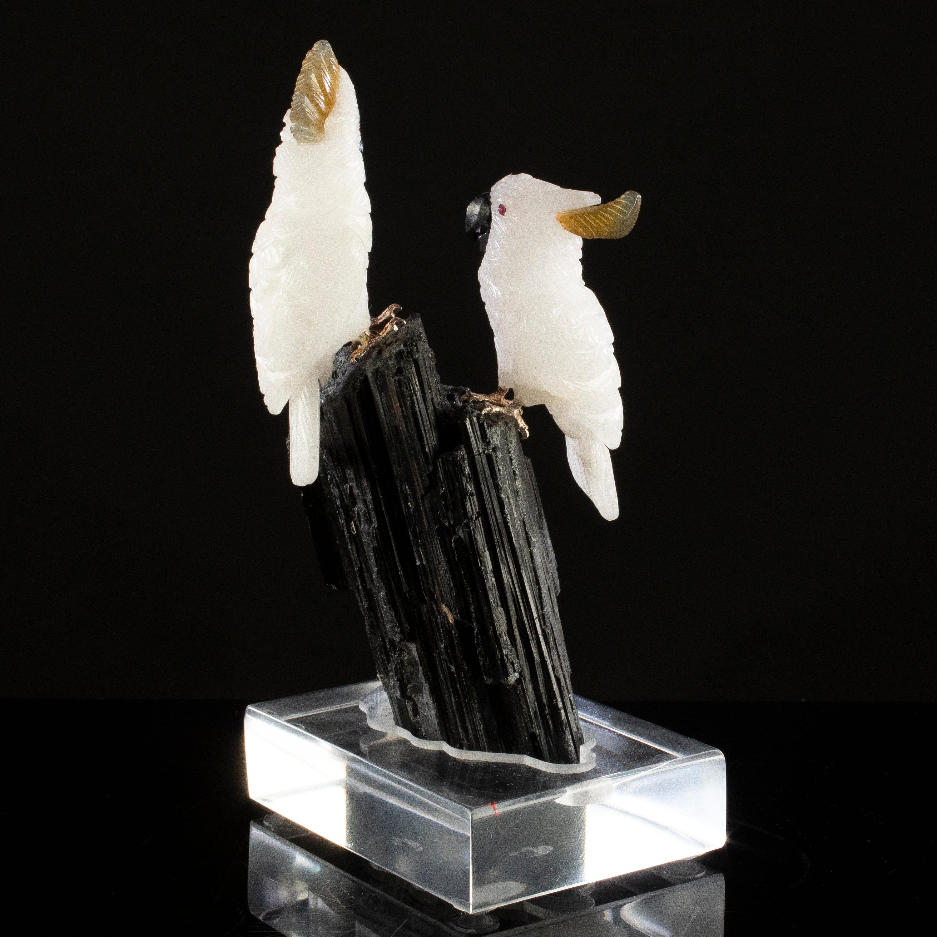 KALIFANO Love Birds Carvings Peter Muller Quartz Cockatoo Couple Carving on Black Tourmaline Base LB.C405.017