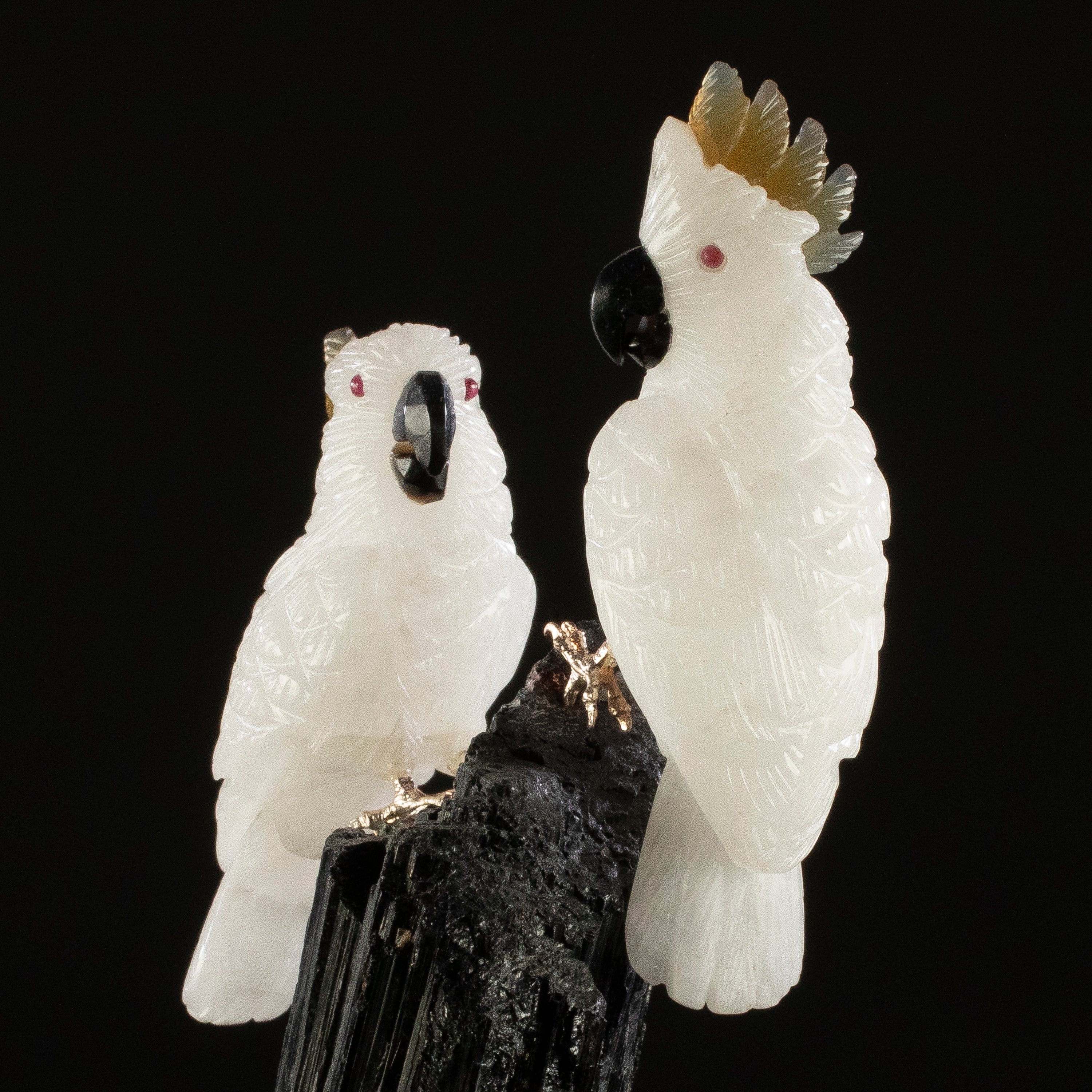 KALIFANO Love Birds Carvings Peter Muller Quartz Cockatoo Couple Carving on Black Tourmaline Base LB.C405.017