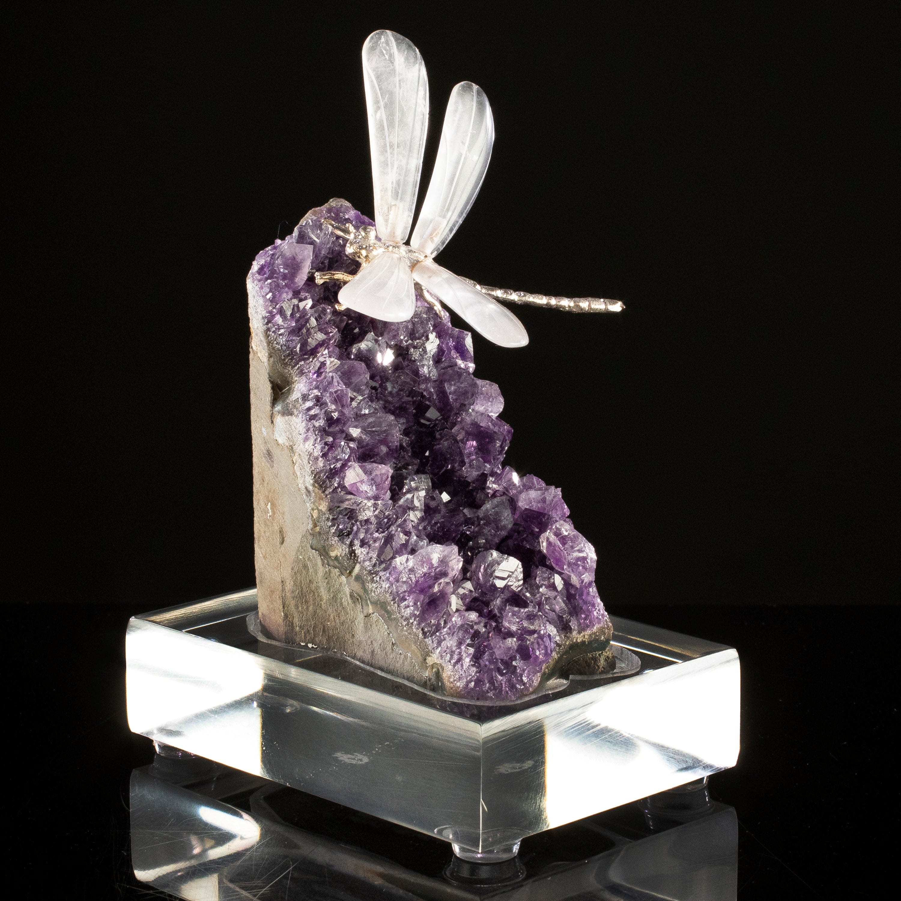 KALIFANO Love Birds Carvings Peter Muller Quartz Dragonfly Carving on Amethyst Geode Base LB.E101.045