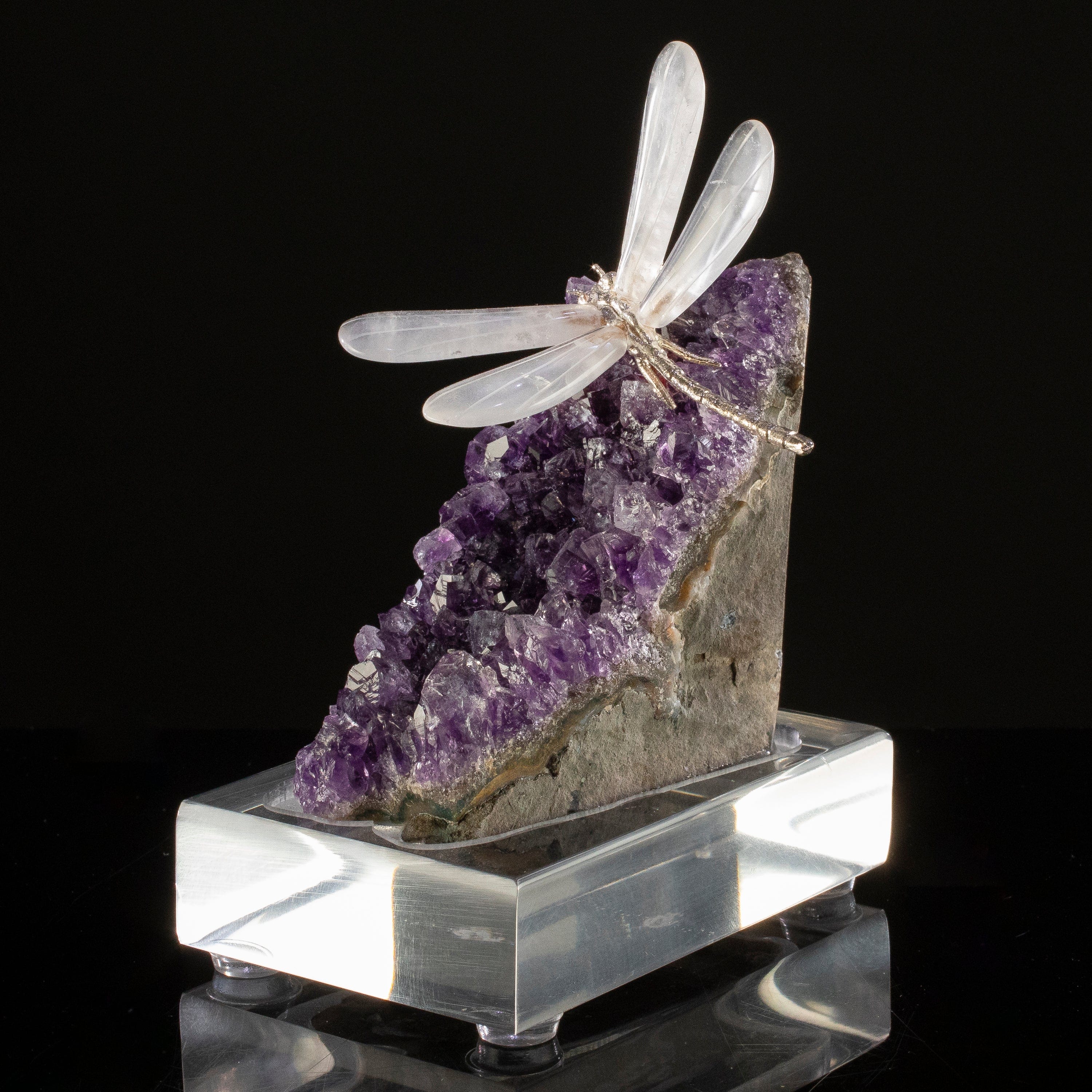 KALIFANO Love Birds Carvings Peter Muller Quartz Dragonfly Carving on Amethyst Geode Base LB.E101.045