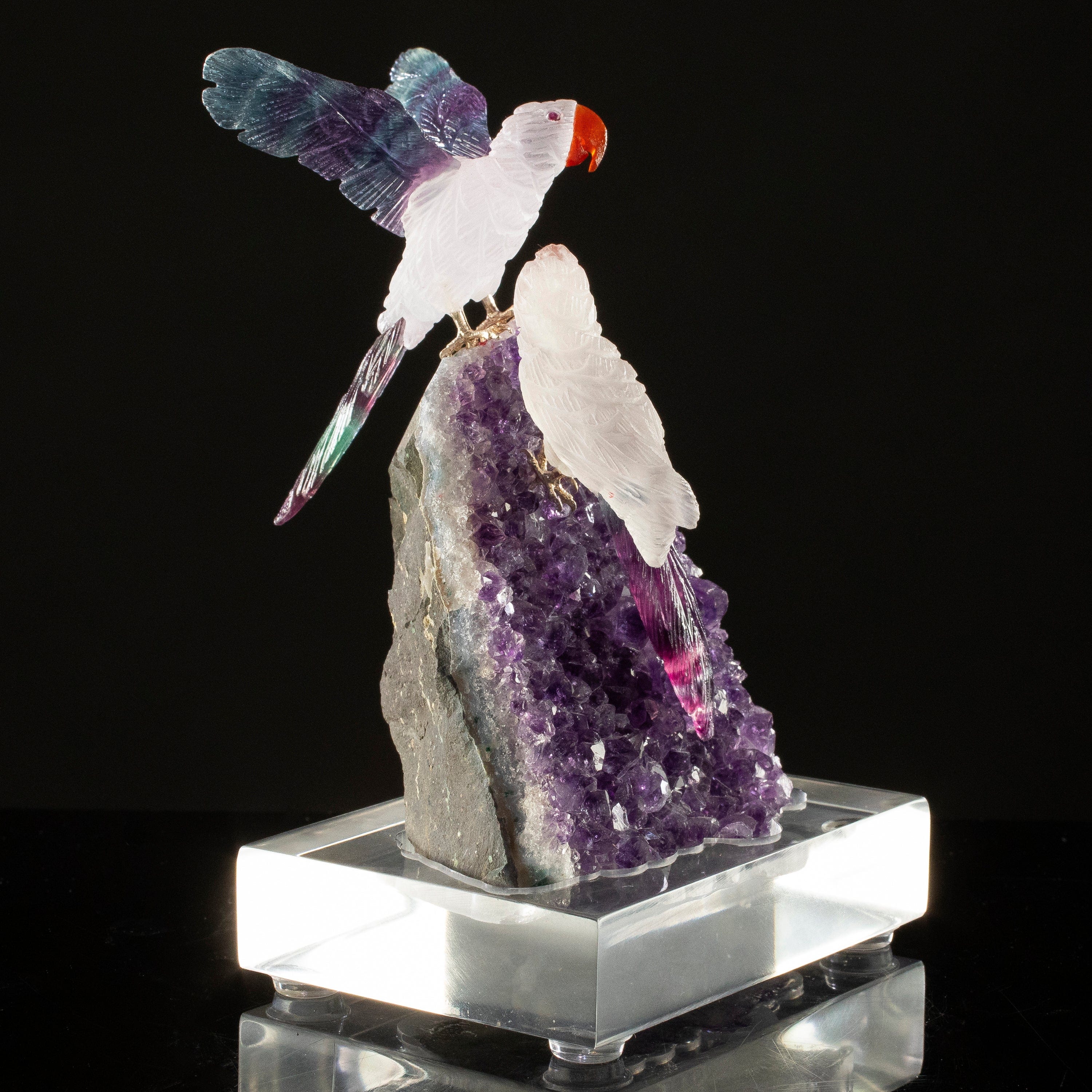 KALIFANO Love Birds Carvings Peter Muller Quartz & Fluorite Macaw Couple Carving on Amethyst Geode Base LB.C226.021