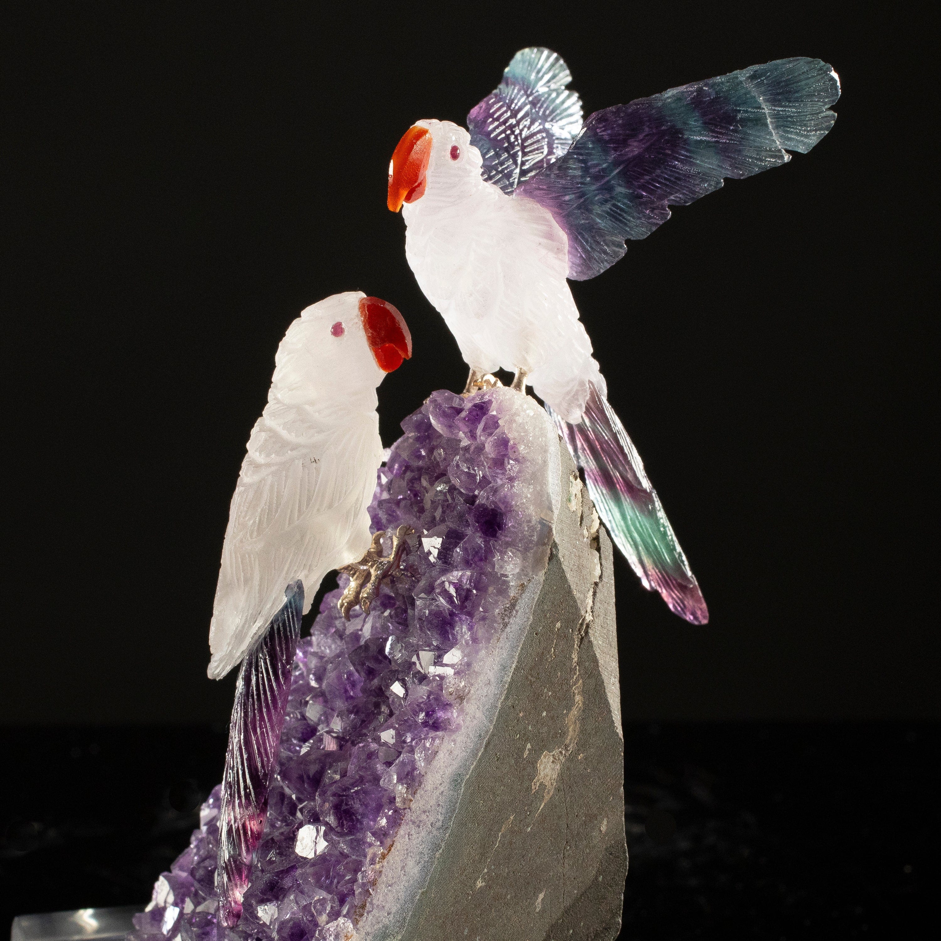 KALIFANO Love Birds Carvings Peter Muller Quartz & Fluorite Macaw Couple Carving on Amethyst Geode Base LB.C226.021