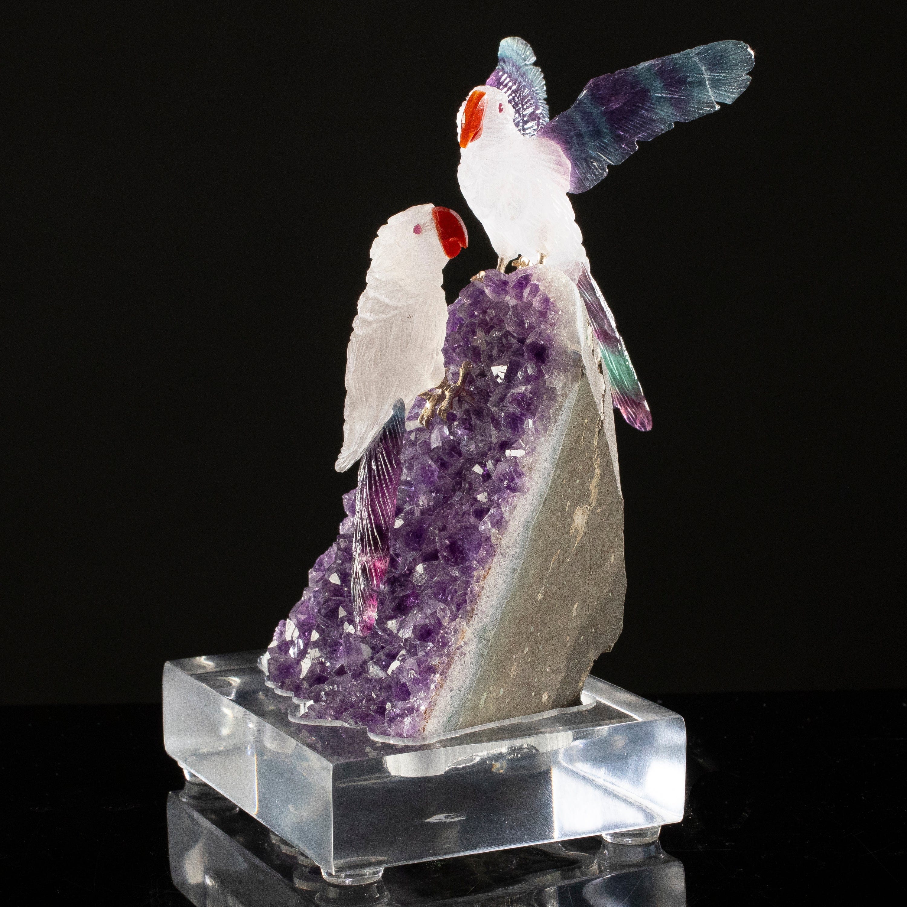 KALIFANO Love Birds Carvings Peter Muller Quartz & Fluorite Macaw Couple Carving on Amethyst Geode Base LB.C226.021