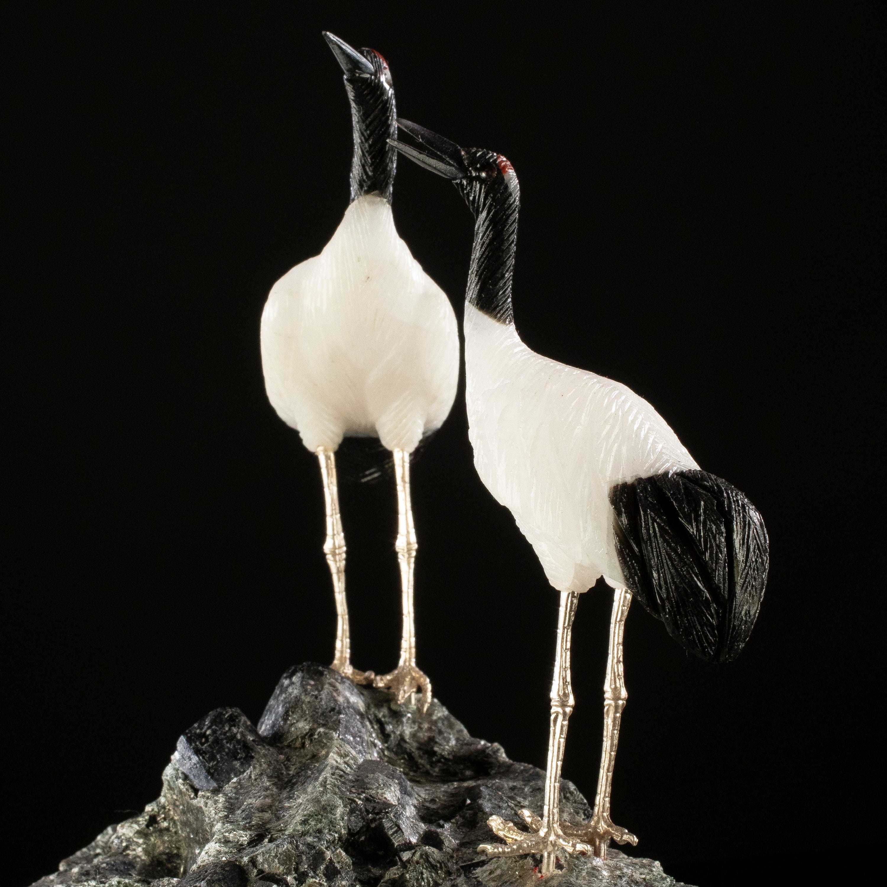 KALIFANO Love Birds Carvings Peter Muller Quartz & Obsidian Crane Couple Carving on Mica & Black Tourmaline Base LB.A243.002