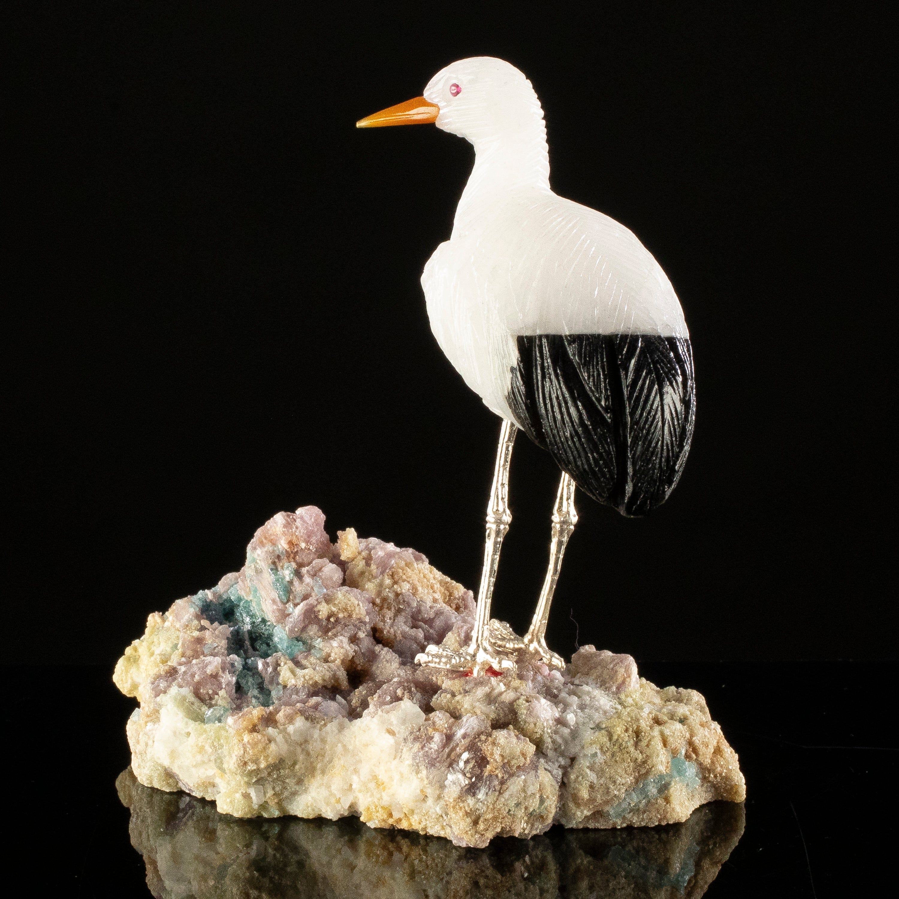 KALIFANO Love Birds Carvings Peter Muller Quartz & Obsidian Stork Carving on Tourmaline Base LB.A124.004