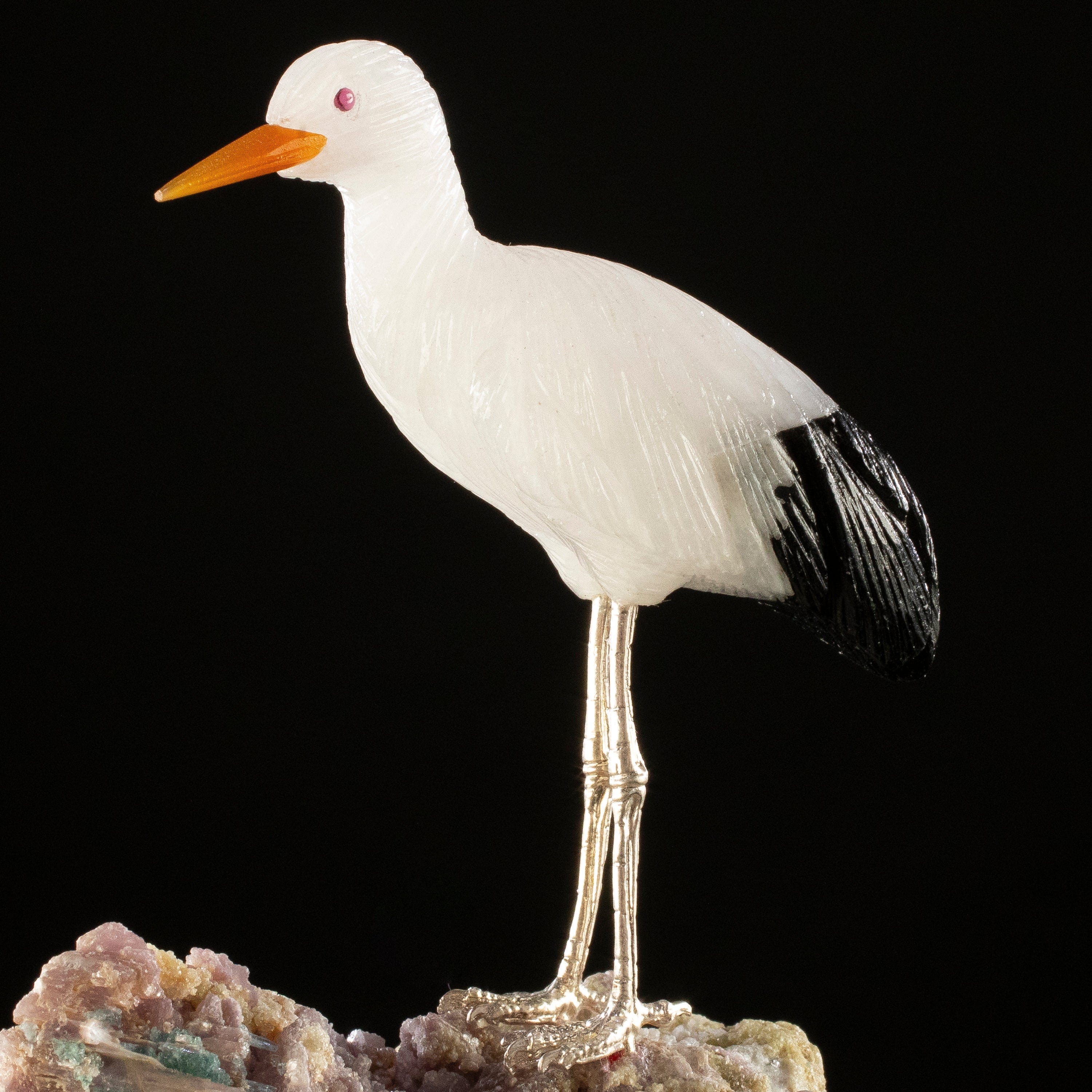 KALIFANO Love Birds Carvings Peter Muller Quartz & Obsidian Stork Carving on Tourmaline Base LB.A124.004