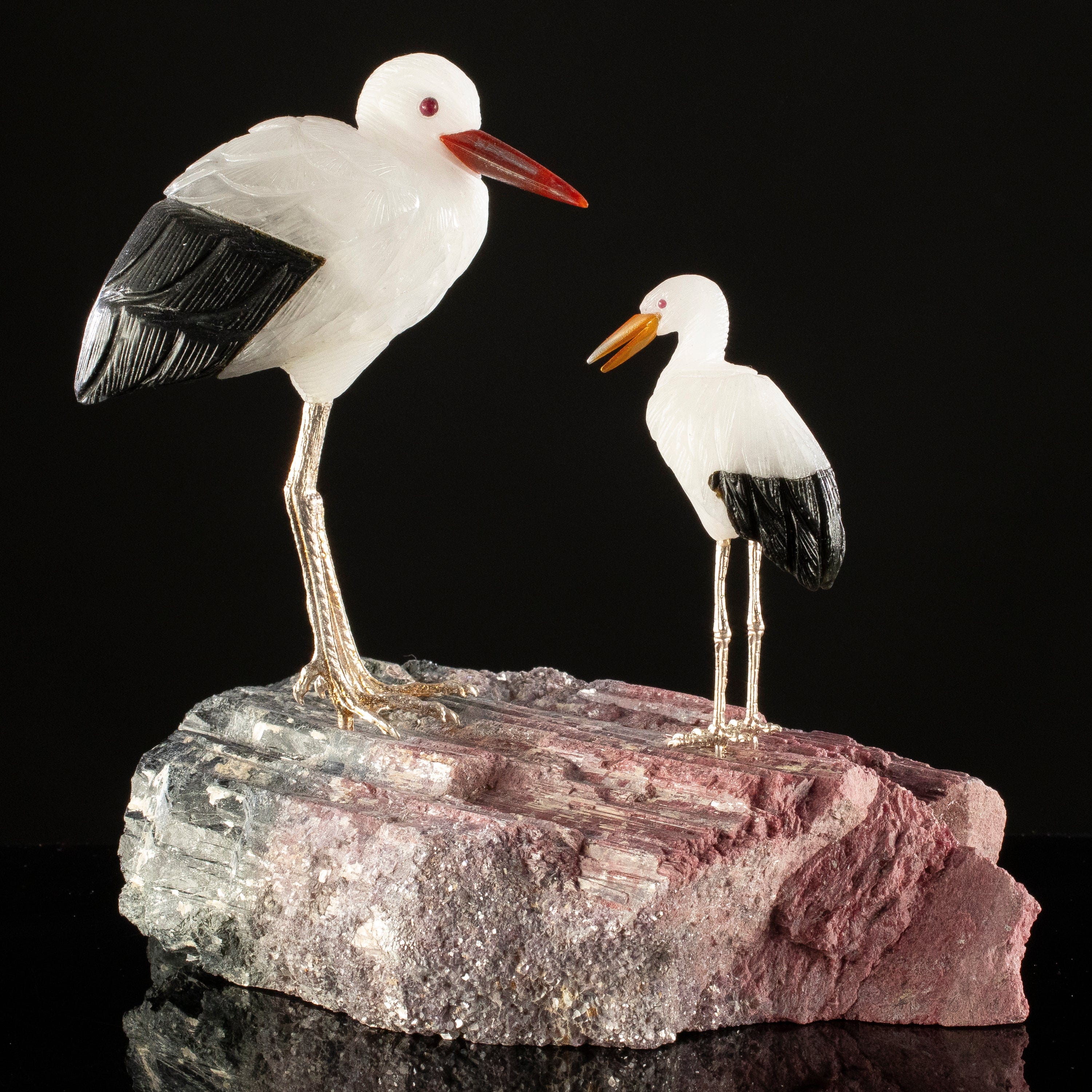 KALIFANO Love Birds Carvings Peter Muller Quartz & Obsidian Stork Couple Carving on Tourmaline Base LB.A108.001