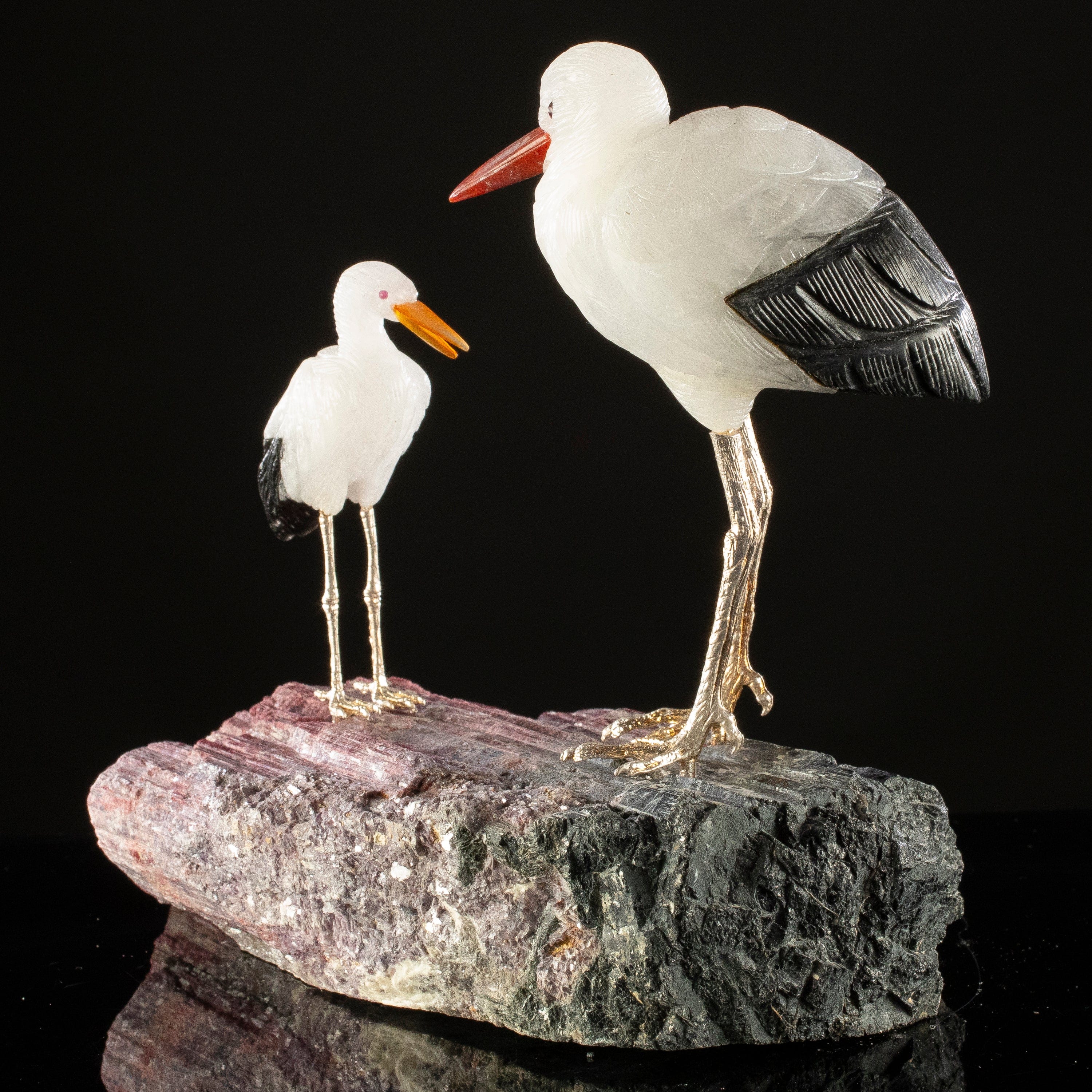 KALIFANO Love Birds Carvings Peter Muller Quartz & Obsidian Stork Couple Carving on Tourmaline Base LB.A108.001