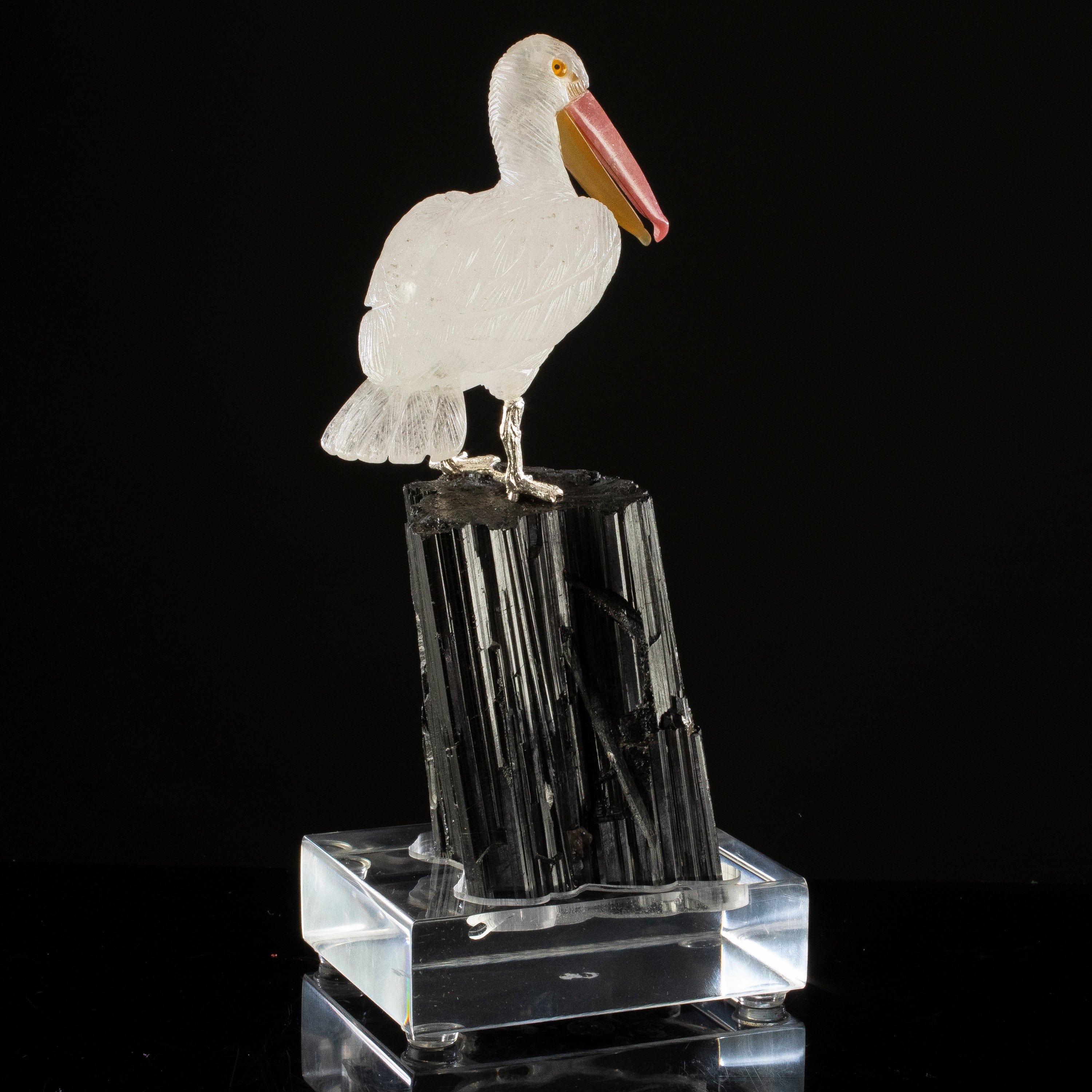 KALIFANO Love Birds Carvings Peter Muller Quartz Pelican Carving on Black Tourmaline Base LB.A107.007