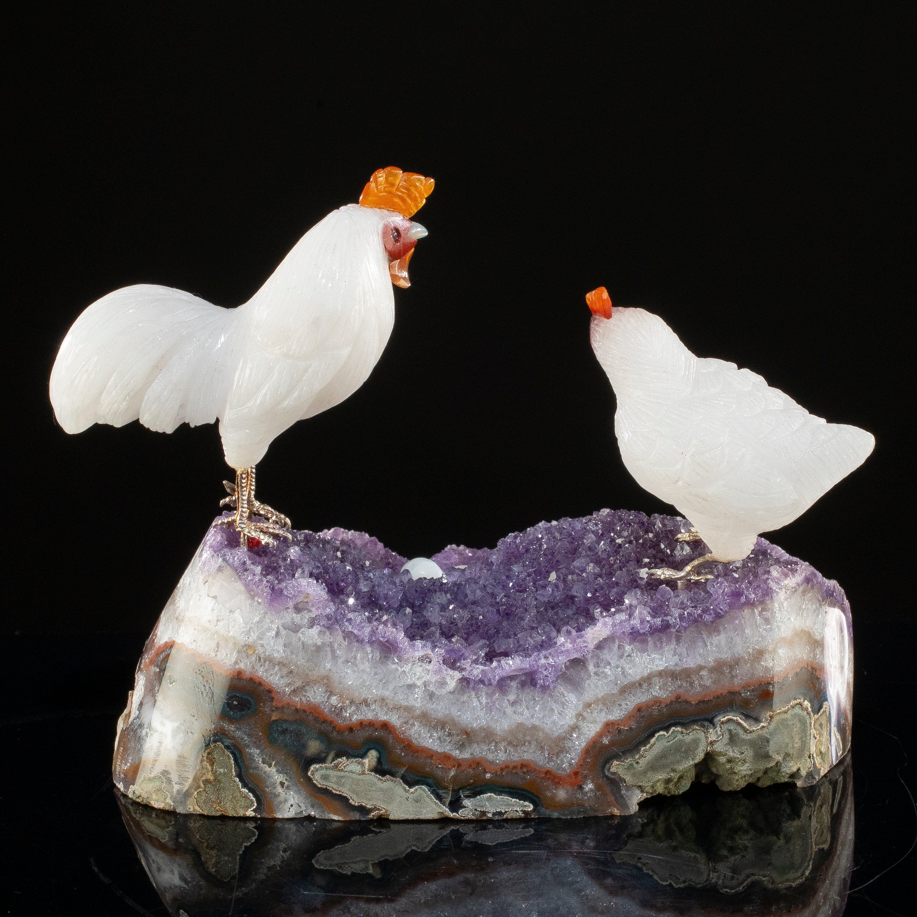 KALIFANO Love Birds Carvings Peter Muller Quartz Rooster Couple Carving on Amethyst Geode Base LB.A219.007