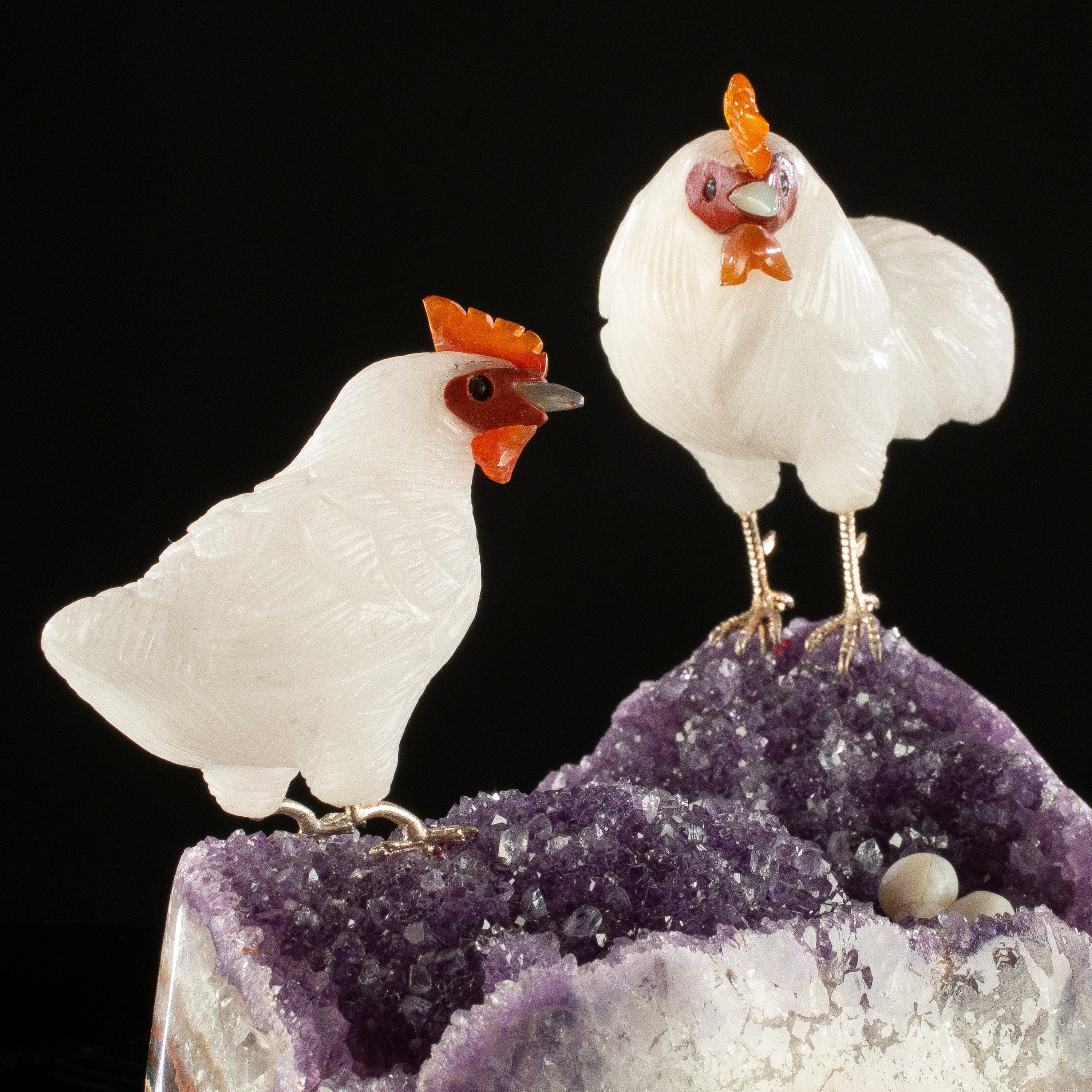 KALIFANO Love Birds Carvings Peter Muller Quartz Rooster Couple Carving on Amethyst Geode Base LB.A219.007