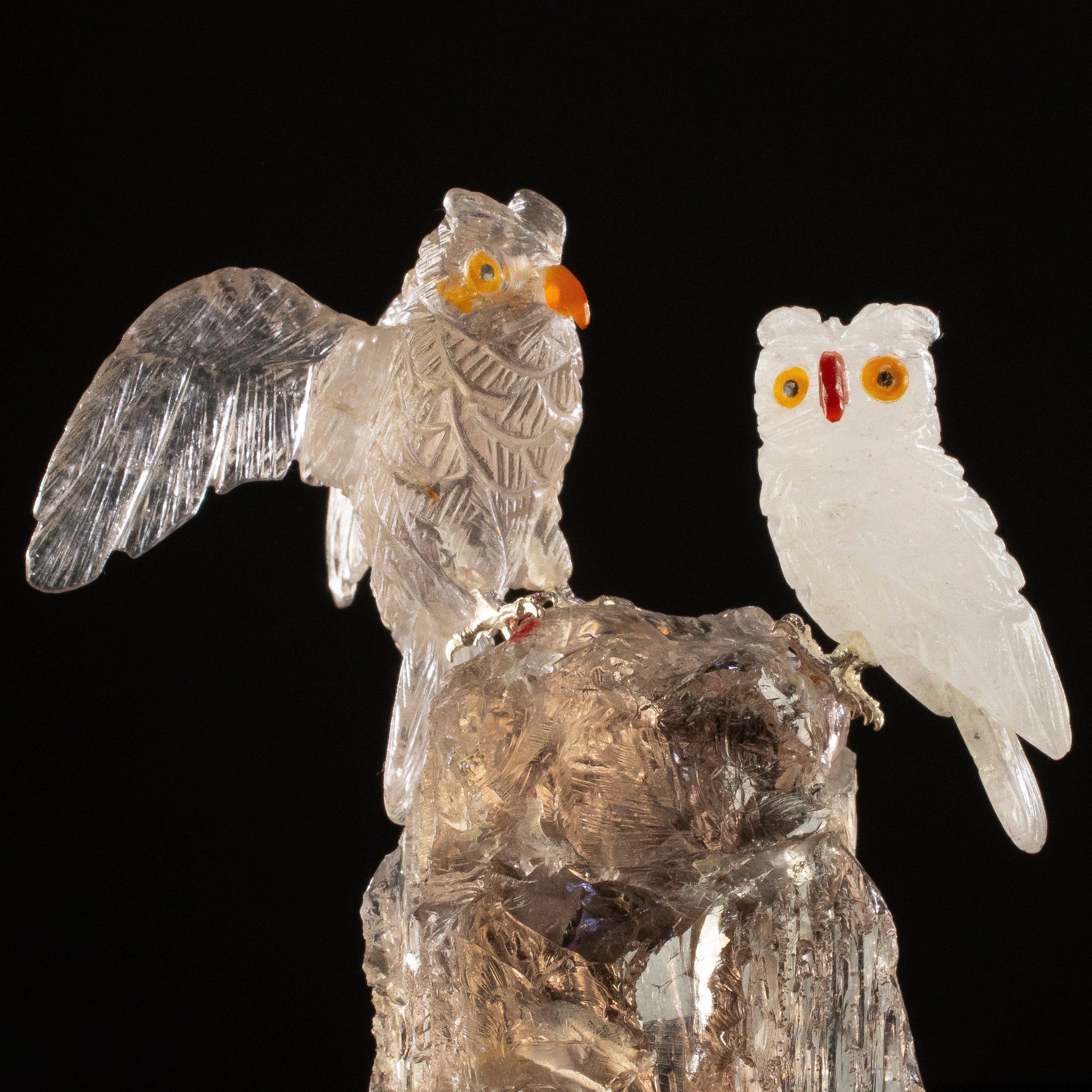 KALIFANO Love Birds Carvings Peter Muller Quartz & Smoky Quartz Owl Couple Carving on Smoky Quartz Base LB.C203.006