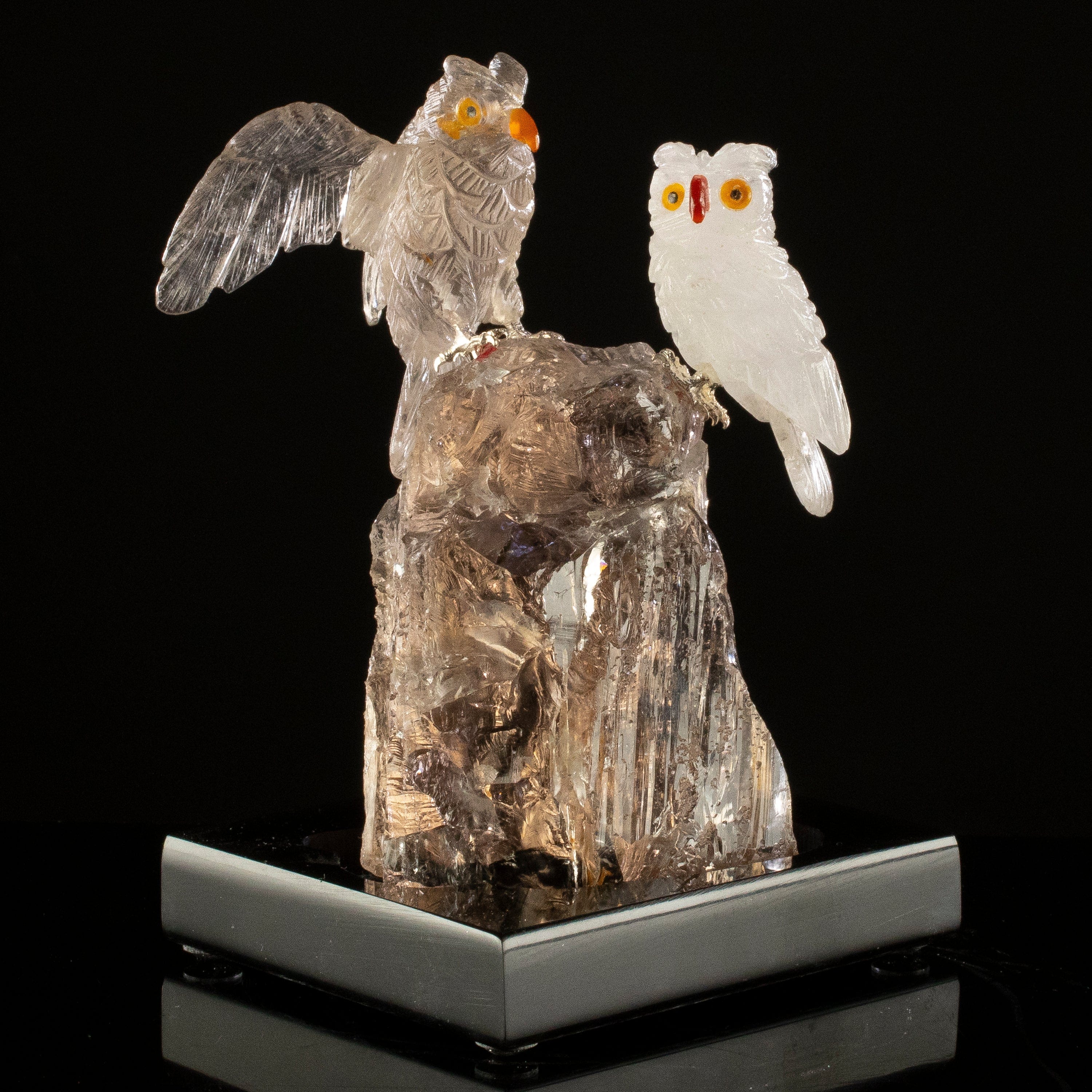 KALIFANO Love Birds Carvings Peter Muller Quartz & Smoky Quartz Owl Couple Carving on Smoky Quartz Base LB.C203.006