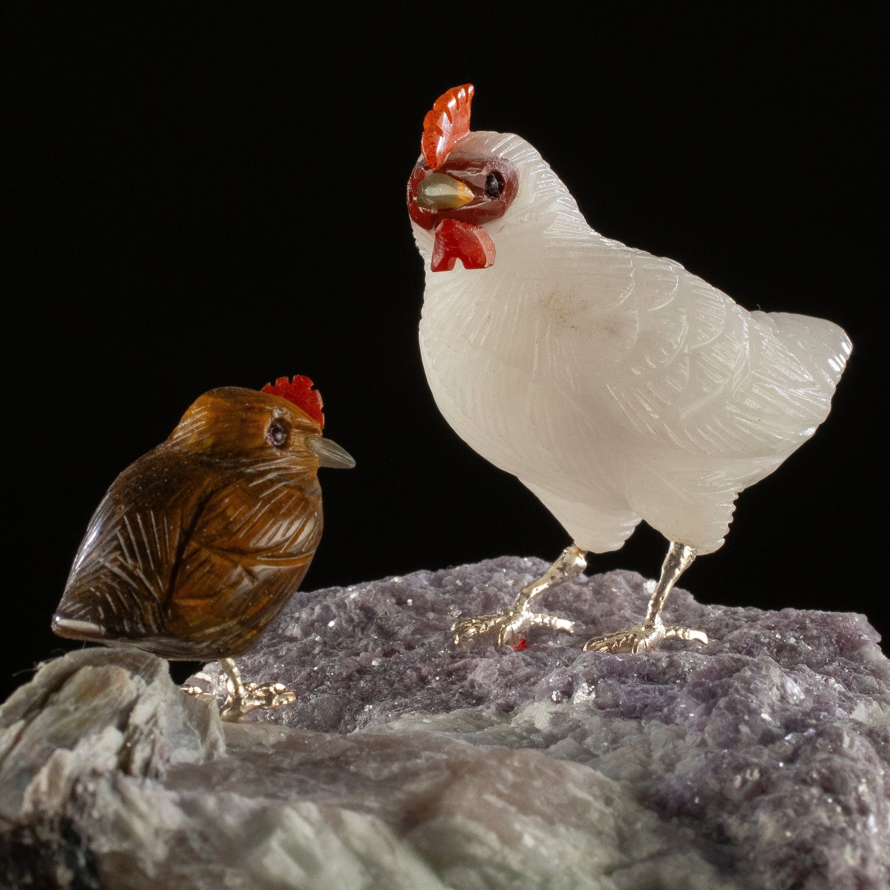 KALIFANO Love Birds Carvings Peter Muller Quartz & Tiger Eye Henn Couple Carving on Tourmaline Base LB.A119.004