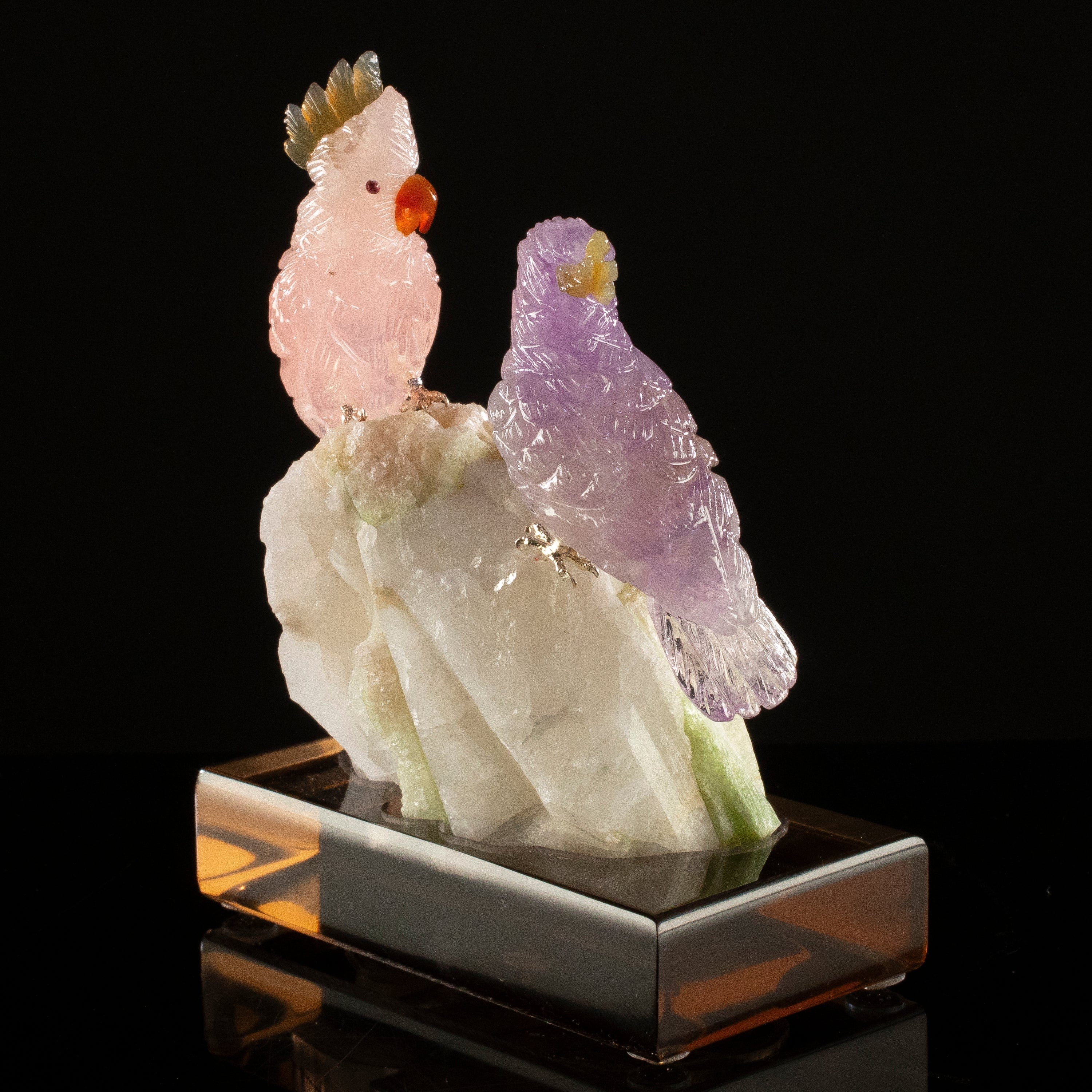 KALIFANO Love Birds Carvings Peter Muller Rose Quartz & Amethyst Cockatoo Couple Carving on Watermelon Tourmaline Base LB.C405.016