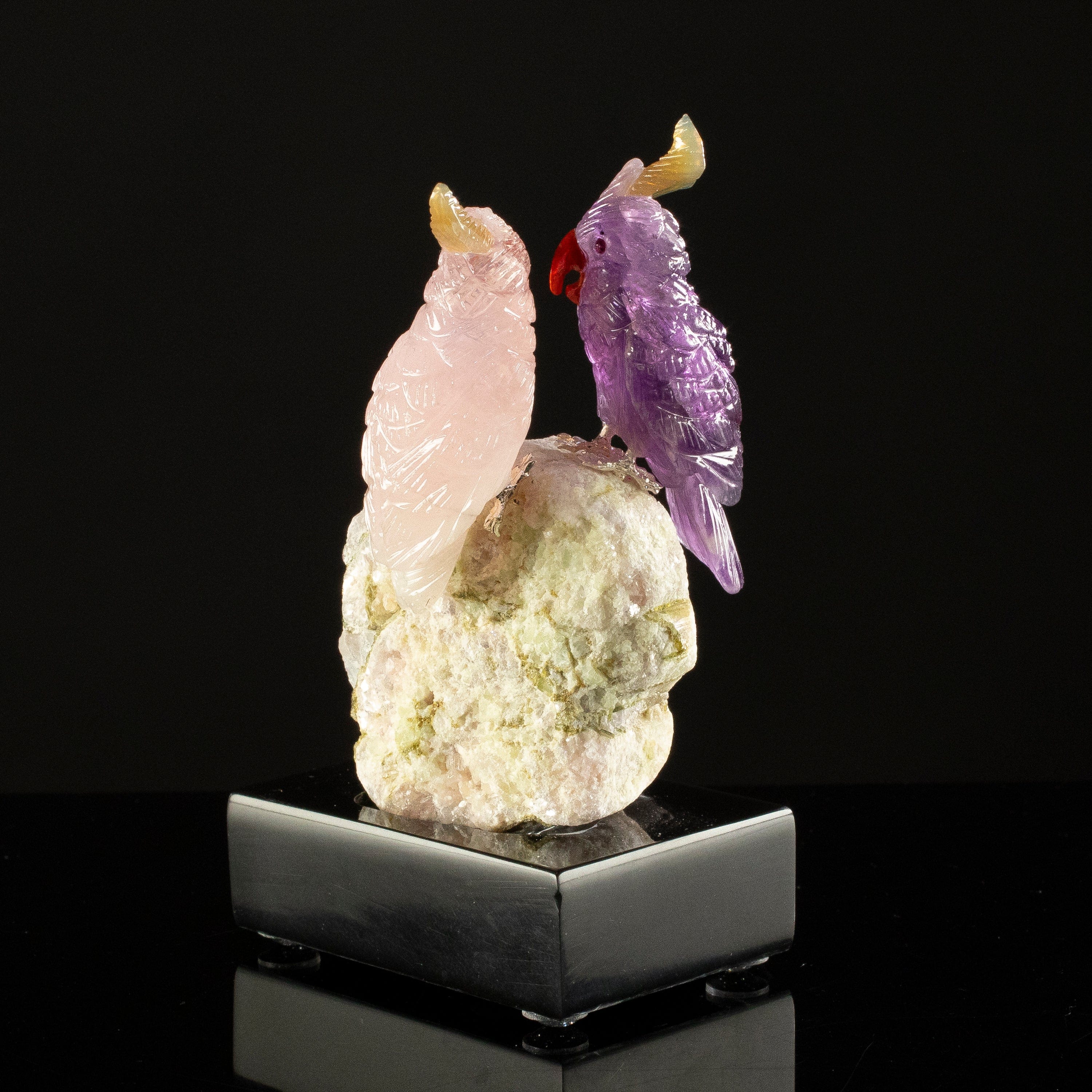 KALIFANO Love Birds Carvings Peter Muller Rose Quartz & Amethyst Macaw Couple Carving on Watermelon Tourmaline Base LB.C205.019