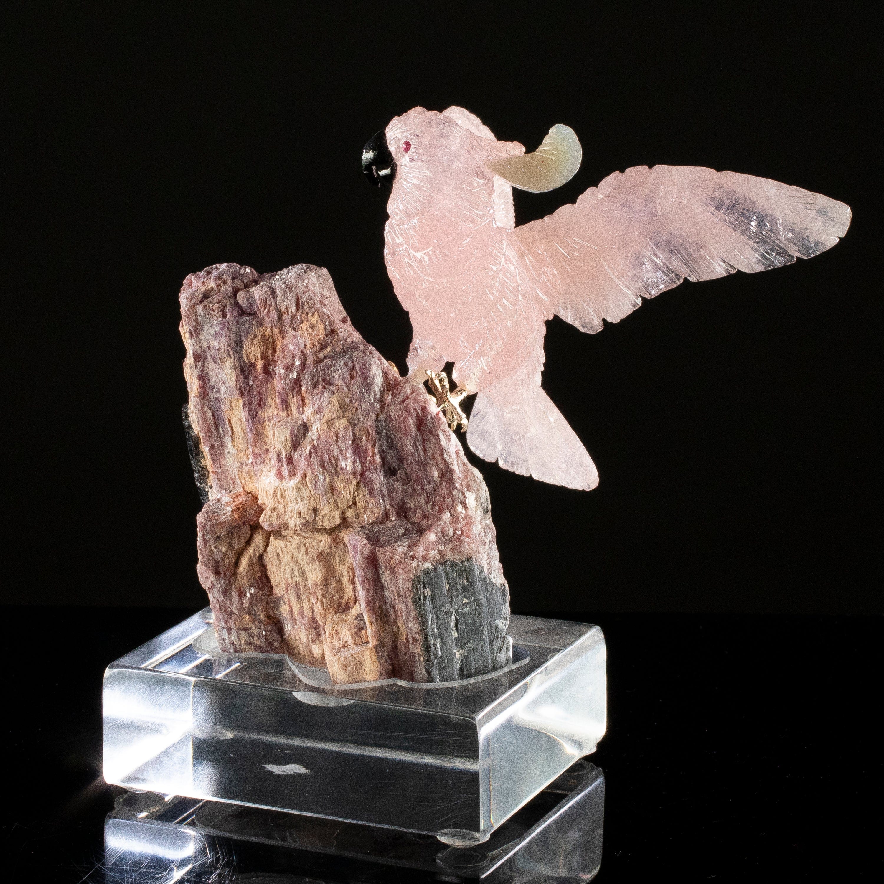 KALIFANO Love Birds Carvings Peter Muller Rose Quartz Cockatoo Carving on Lepidolite Base LB.C305.003