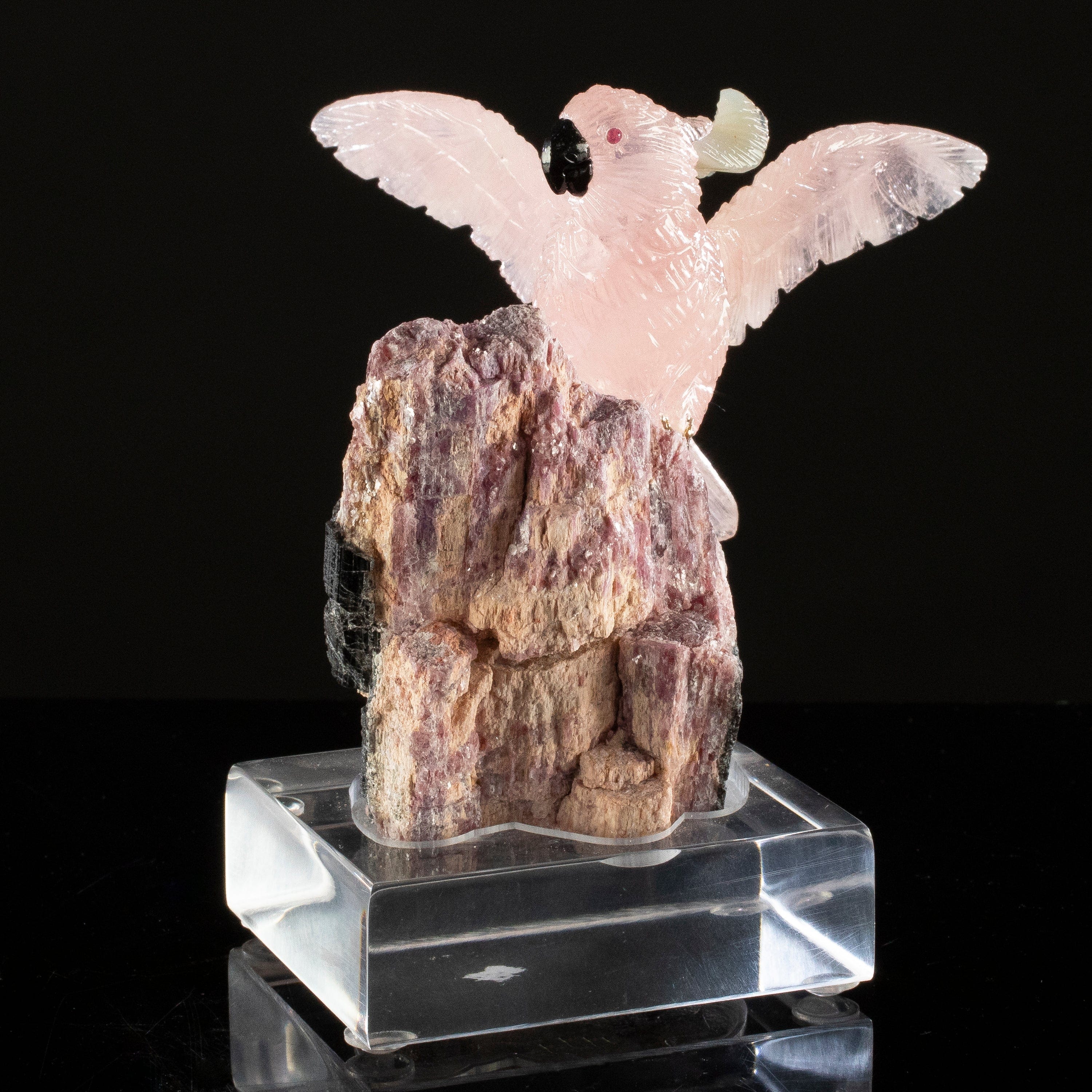 KALIFANO Love Birds Carvings Peter Muller Rose Quartz Cockatoo Carving on Lepidolite Base LB.C305.003