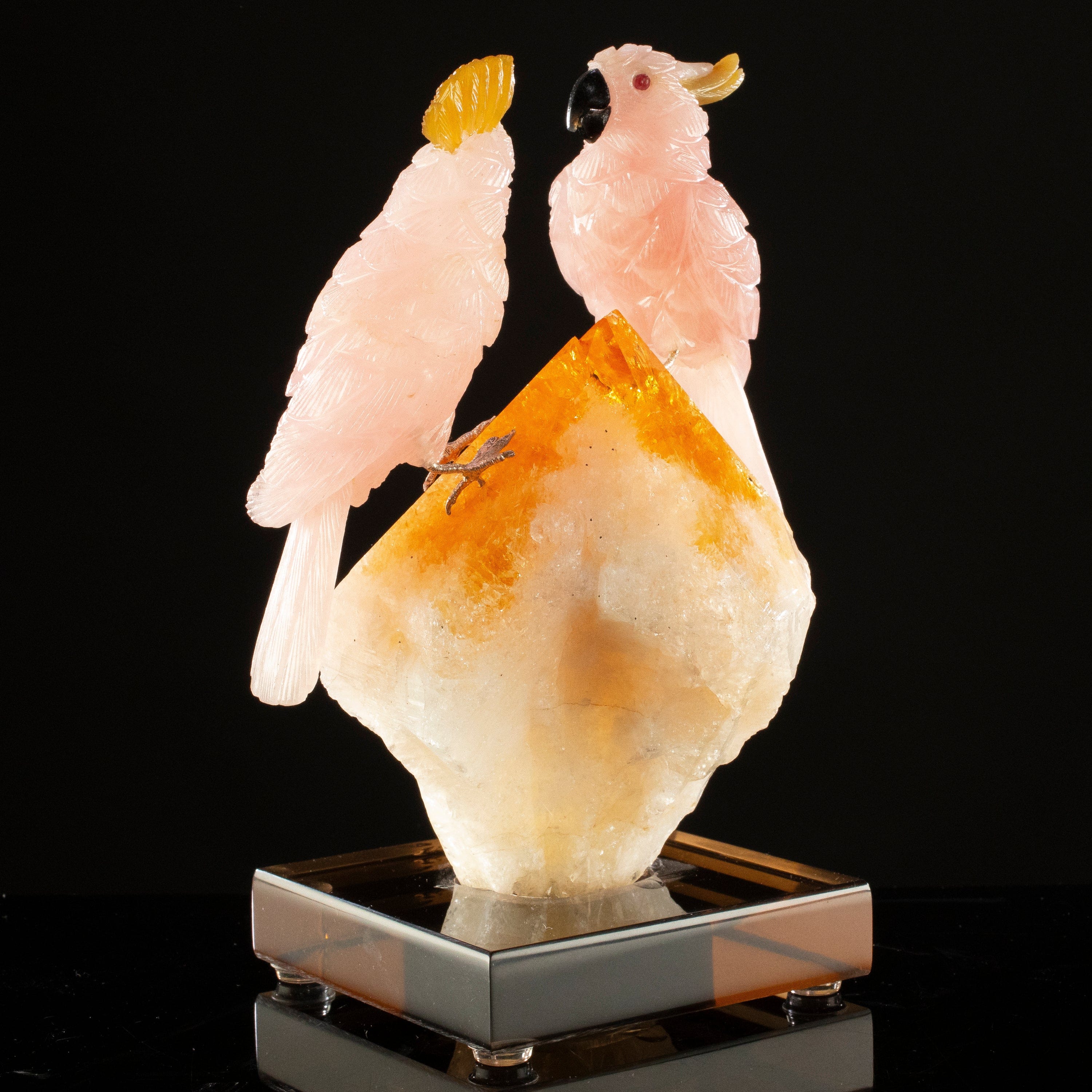 KALIFANO Love Birds Carvings Peter Muller Rose Quartz Cockatoo Couple Carving on Citrine Base LB.B234.002