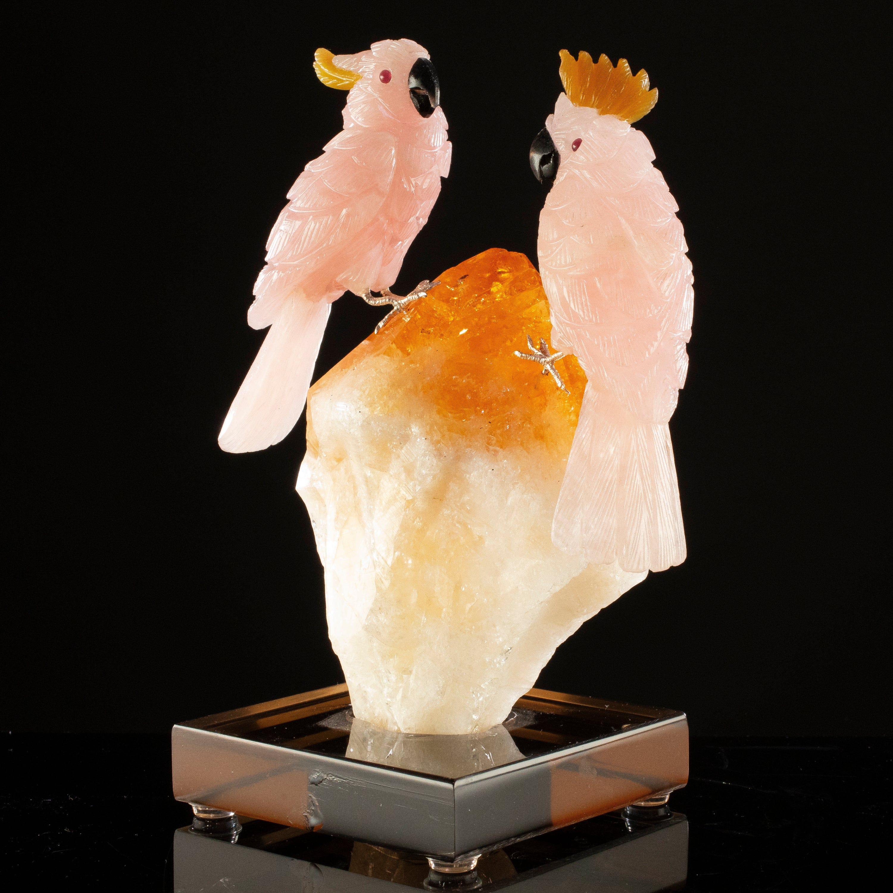 KALIFANO Love Birds Carvings Peter Muller Rose Quartz Cockatoo Couple Carving on Citrine Base LB.B234.002