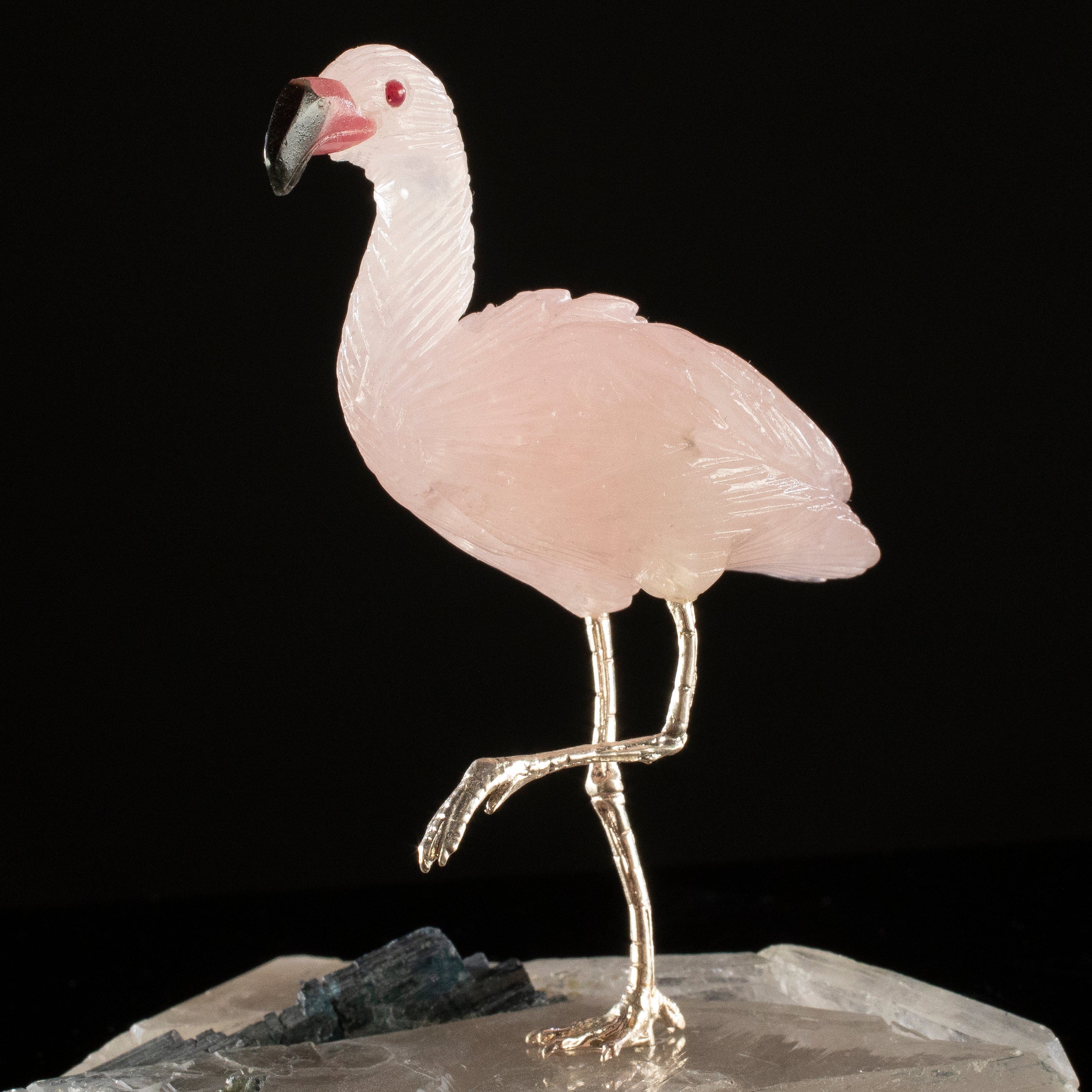 KALIFANO Love Birds Carvings Peter Muller Rose Quartz Flamingo Carving on Tourmaline Base LB.B135.014