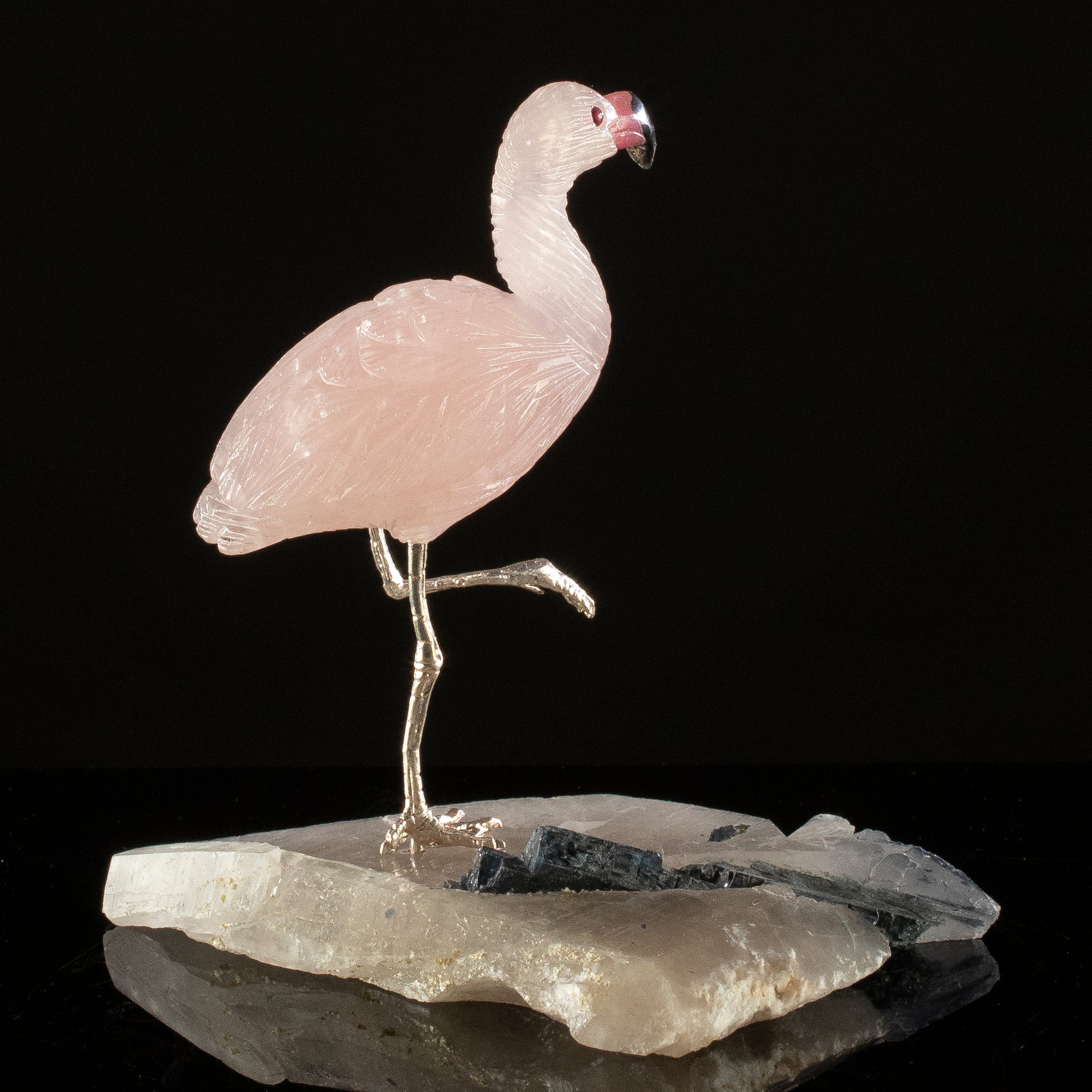 KALIFANO Love Birds Carvings Peter Muller Rose Quartz Flamingo Carving on Tourmaline Base LB.B135.014