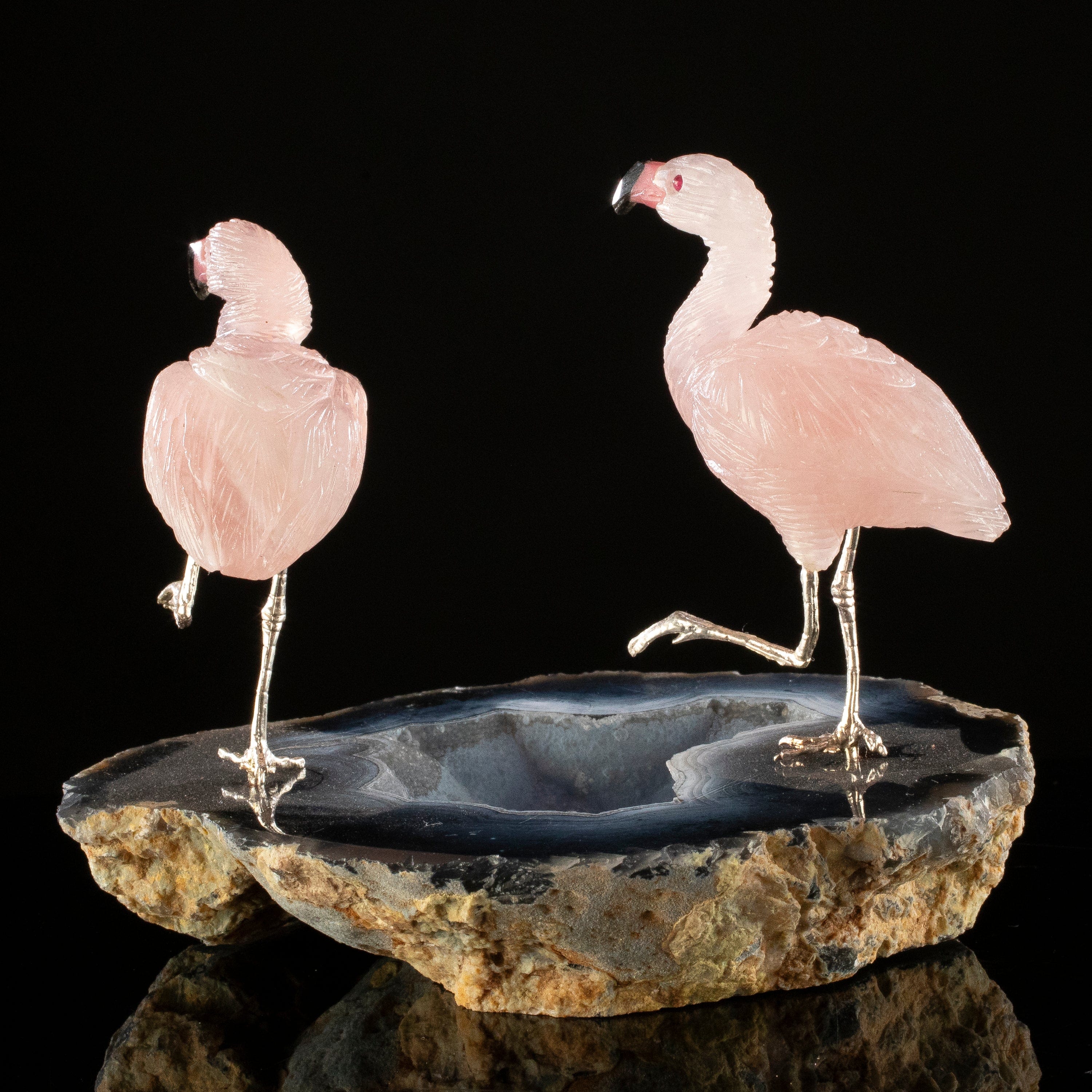 KALIFANO Love Birds Carvings Peter Muller Rose Quartz Flamingo Couple Carving on Agate Geode Base LB.B235.003