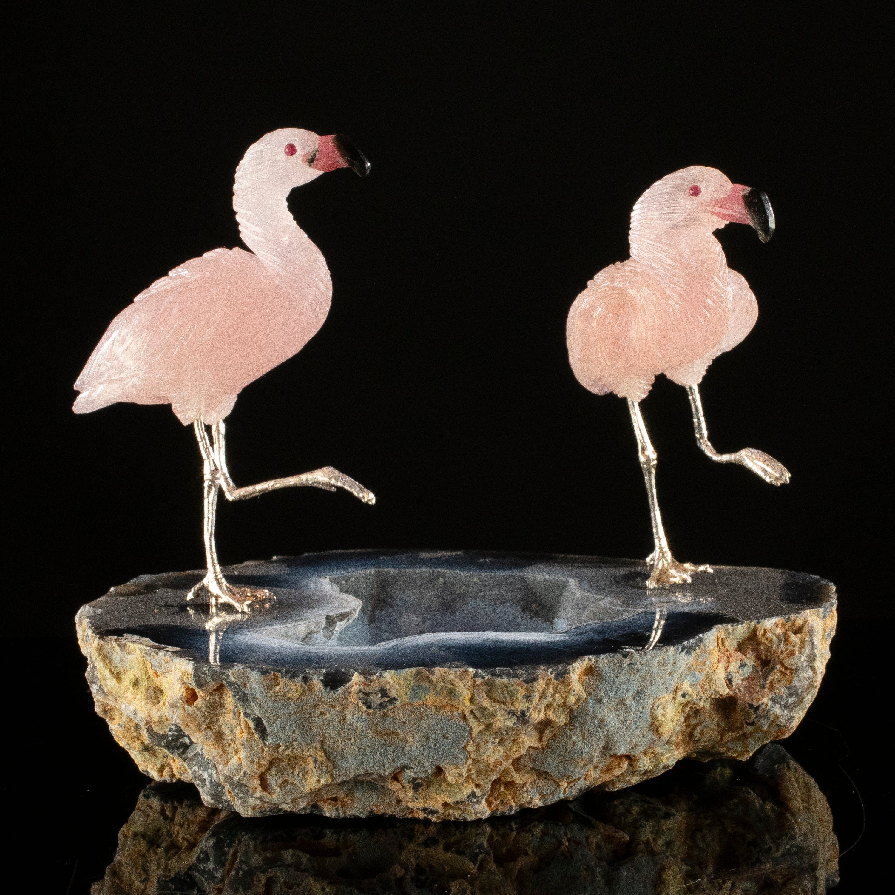 KALIFANO Love Birds Carvings Peter Muller Rose Quartz Flamingo Couple Carving on Agate Geode Base LB.B235.003