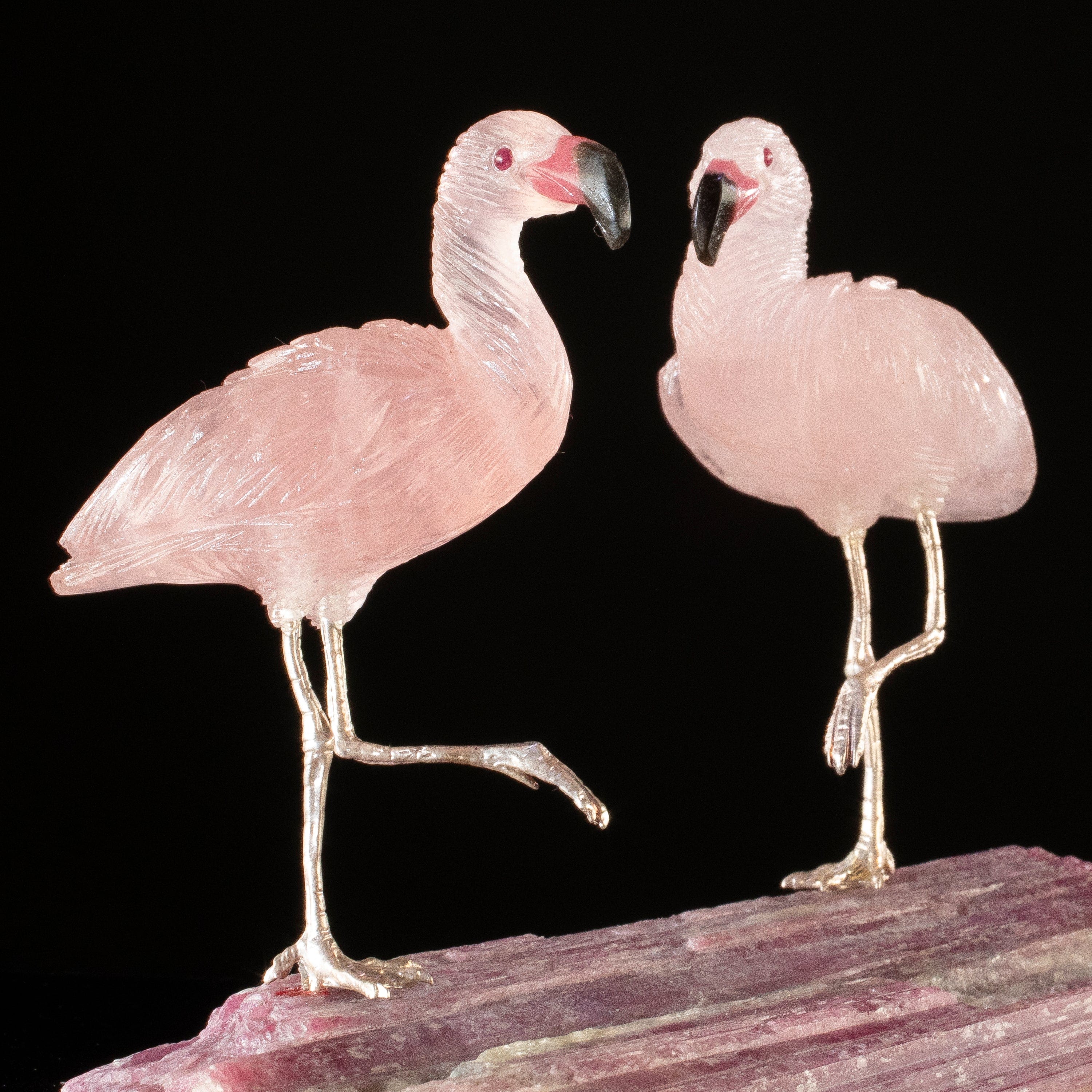 KALIFANO Love Birds Carvings Peter Muller Rose Quartz Flamingo Couple Carving on Rubellite Base LB.B235.002