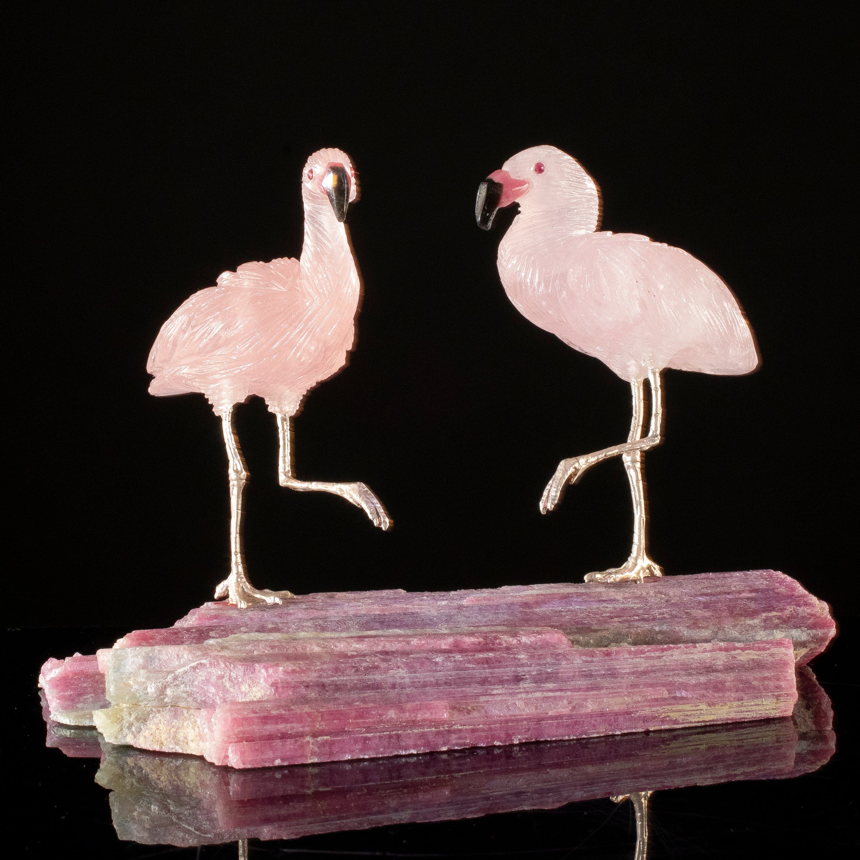 KALIFANO Love Birds Carvings Peter Muller Rose Quartz Flamingo Couple Carving on Rubellite Base LB.B235.002