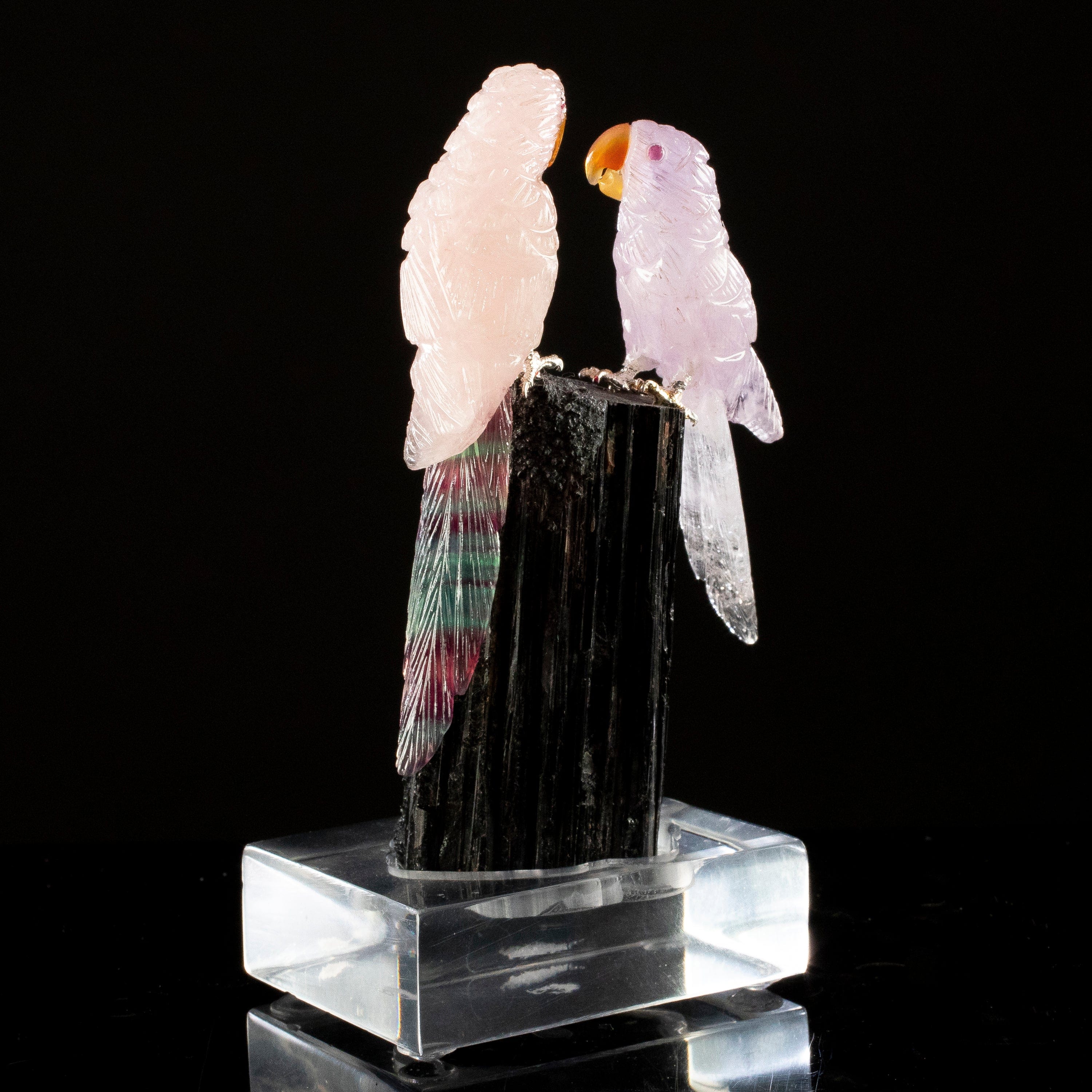 KALIFANO Love Birds Carvings Peter Muller Rose Quartz, Fluorite, & Amethyst Macaw Couple Carving on Black Tourmaline Base LB.C216.005