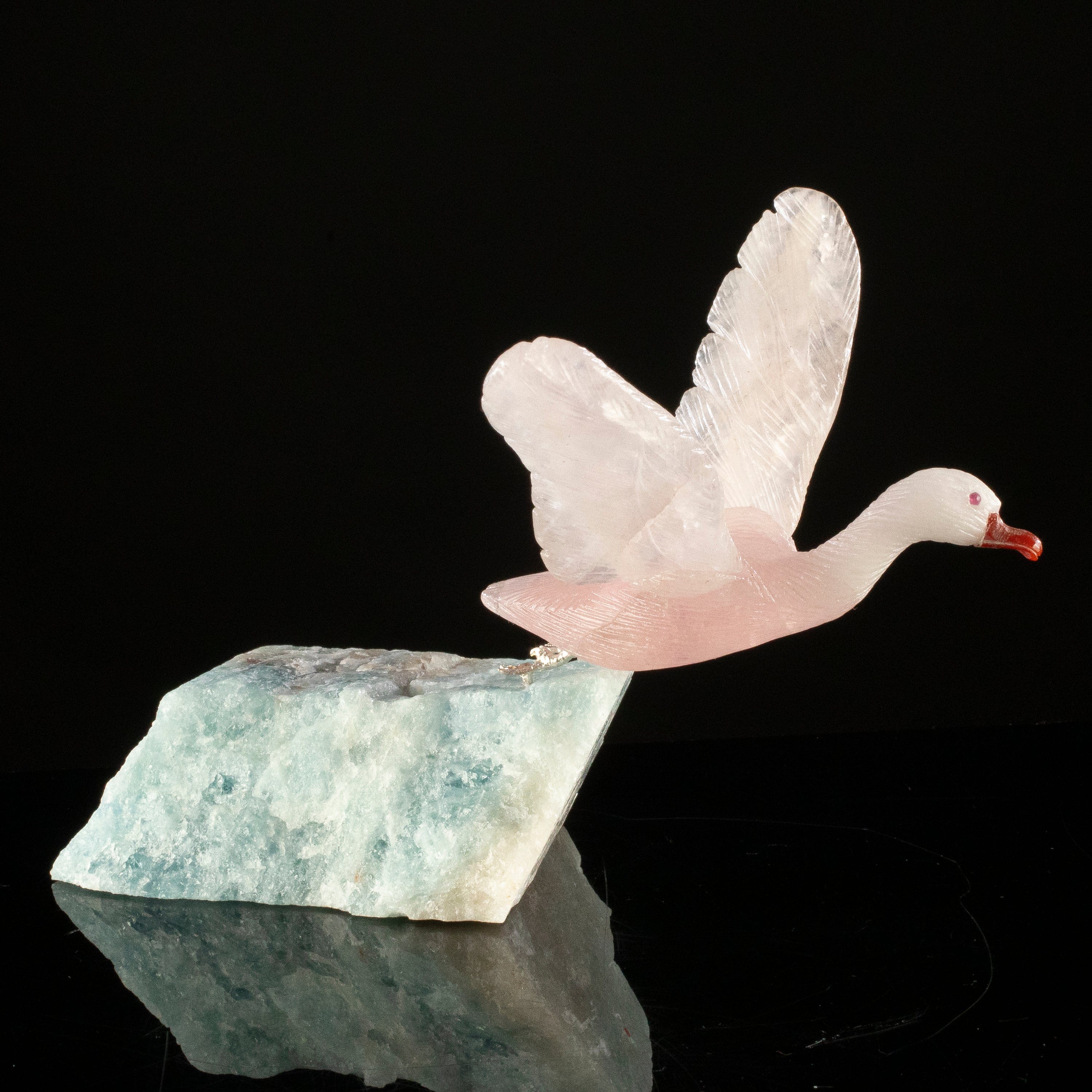 KALIFANO Love Birds Carvings Peter Muller Rose Quartz Goose Carving on Aquamarine Base LB.A138.010