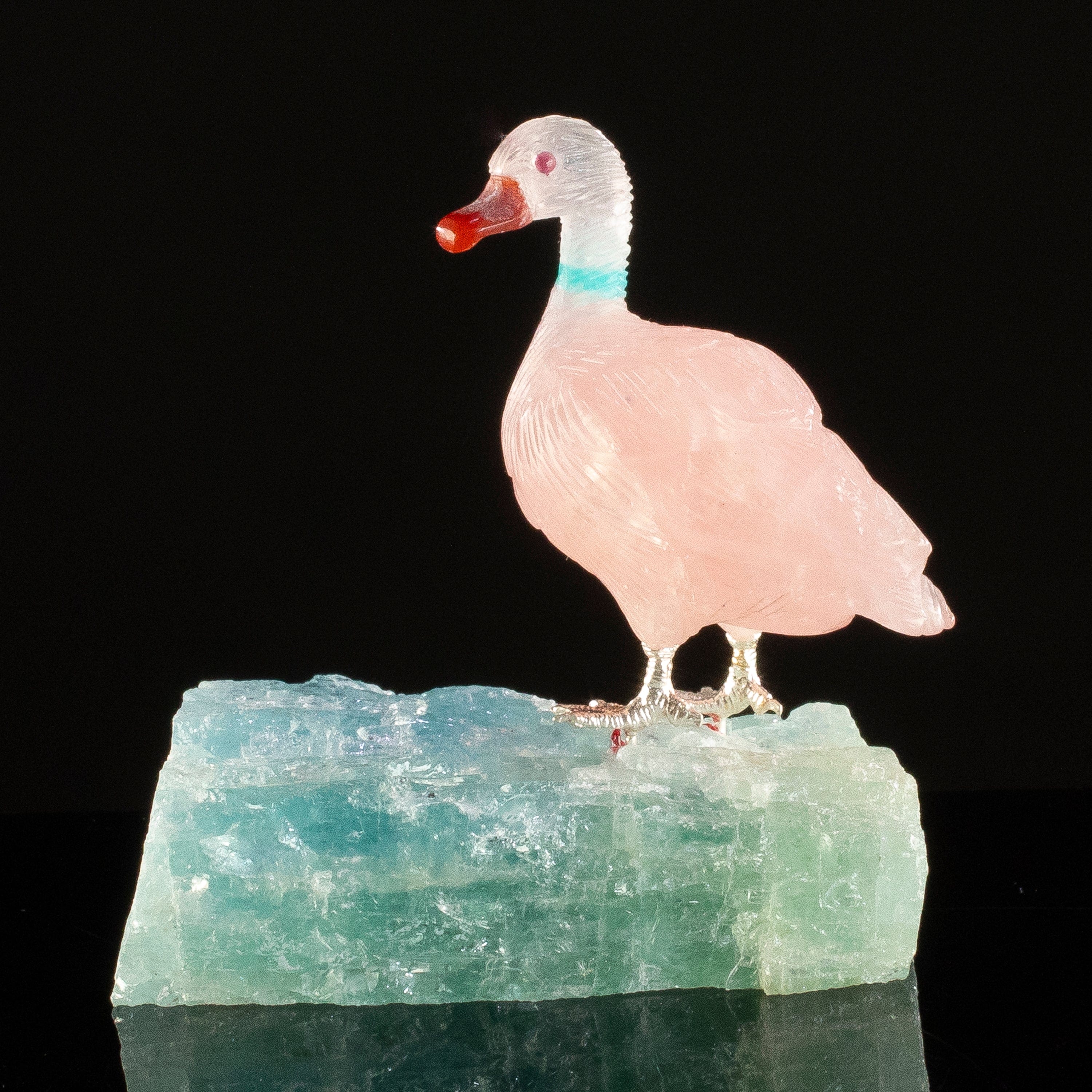 KALIFANO Love Birds Carvings Peter Muller Rose Quartz Goose Carving on Aquamarine Base LB.D114.013