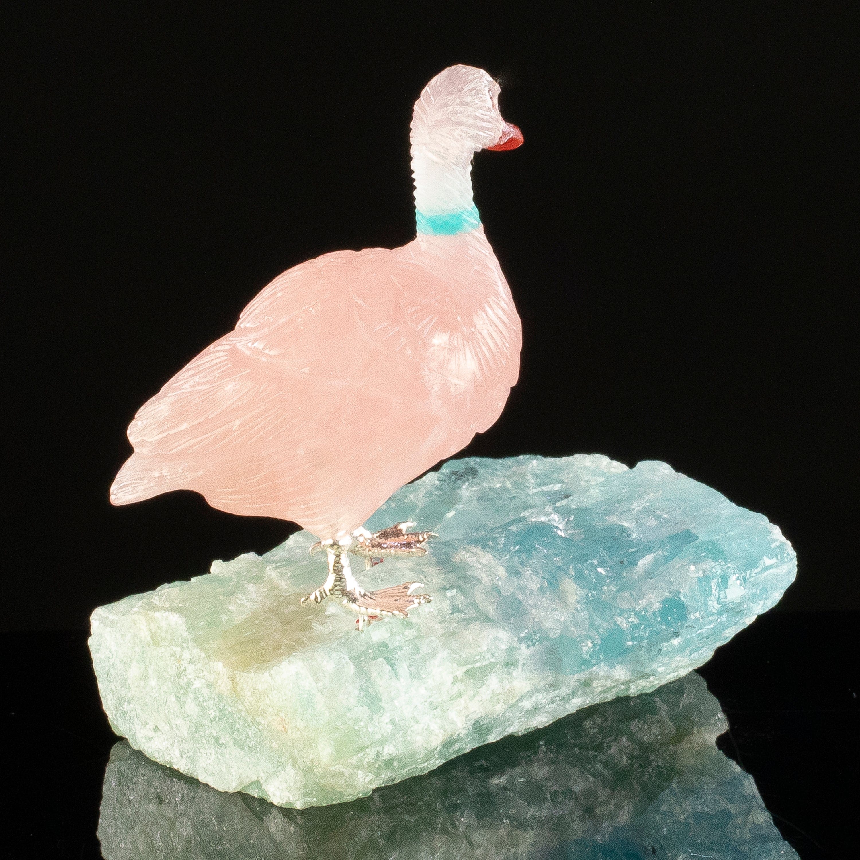 KALIFANO Love Birds Carvings Peter Muller Rose Quartz Goose Carving on Aquamarine Base LB.D114.013