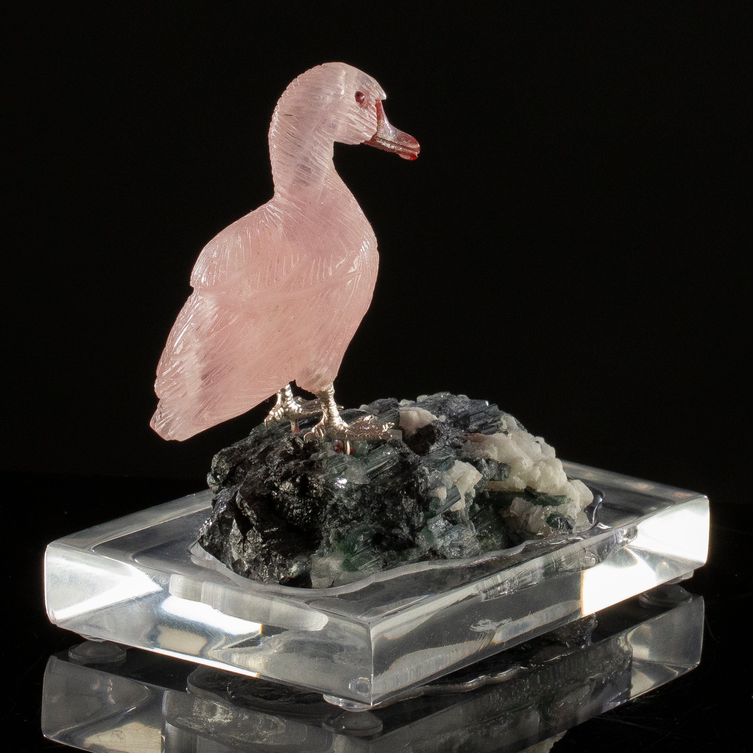 KALIFANO Love Birds Carvings Peter Muller Rose Quartz Goose Carving on Tourmaline Base LB.D114.011