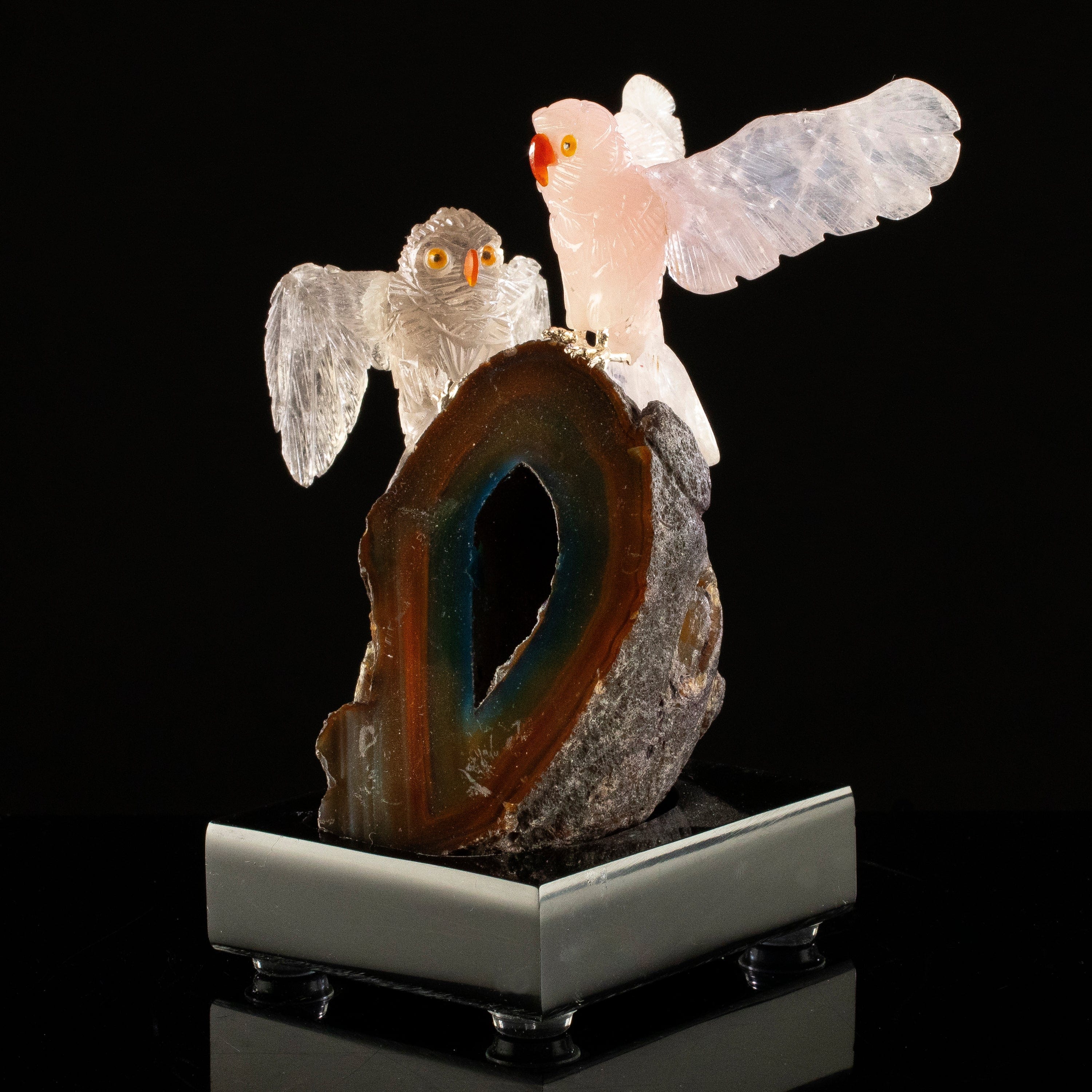 KALIFANO Love Birds Carvings Peter Muller Rose Quartz & Obsidian Owl Couple Carving on Agate Geode Base LB.C203.008