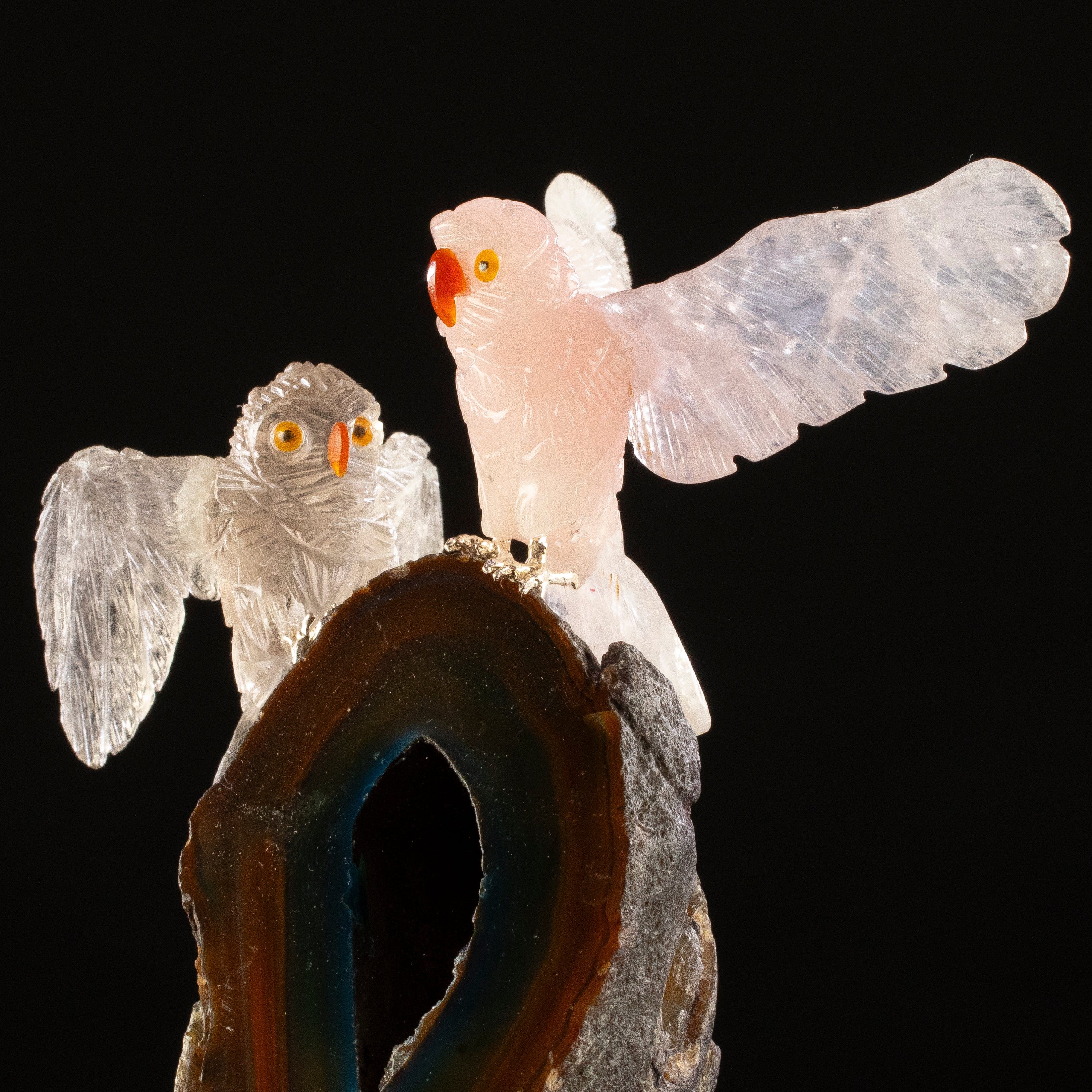 KALIFANO Love Birds Carvings Peter Muller Rose Quartz & Obsidian Owl Couple Carving on Agate Geode Base LB.C203.008