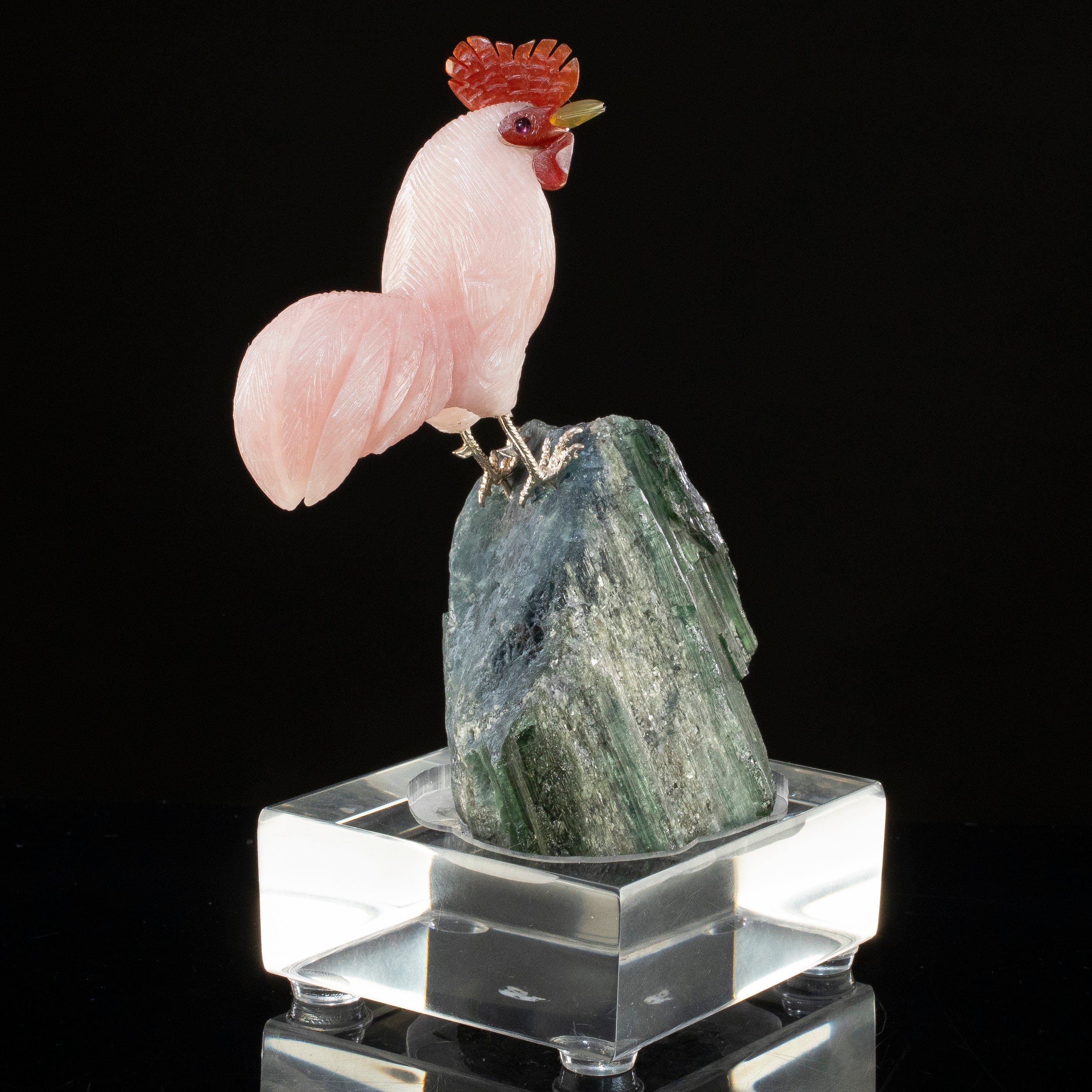 KALIFANO Love Birds Carvings Peter Muller Rose Quartz Rooster Carving on Tourmaline Base LB.A119.005