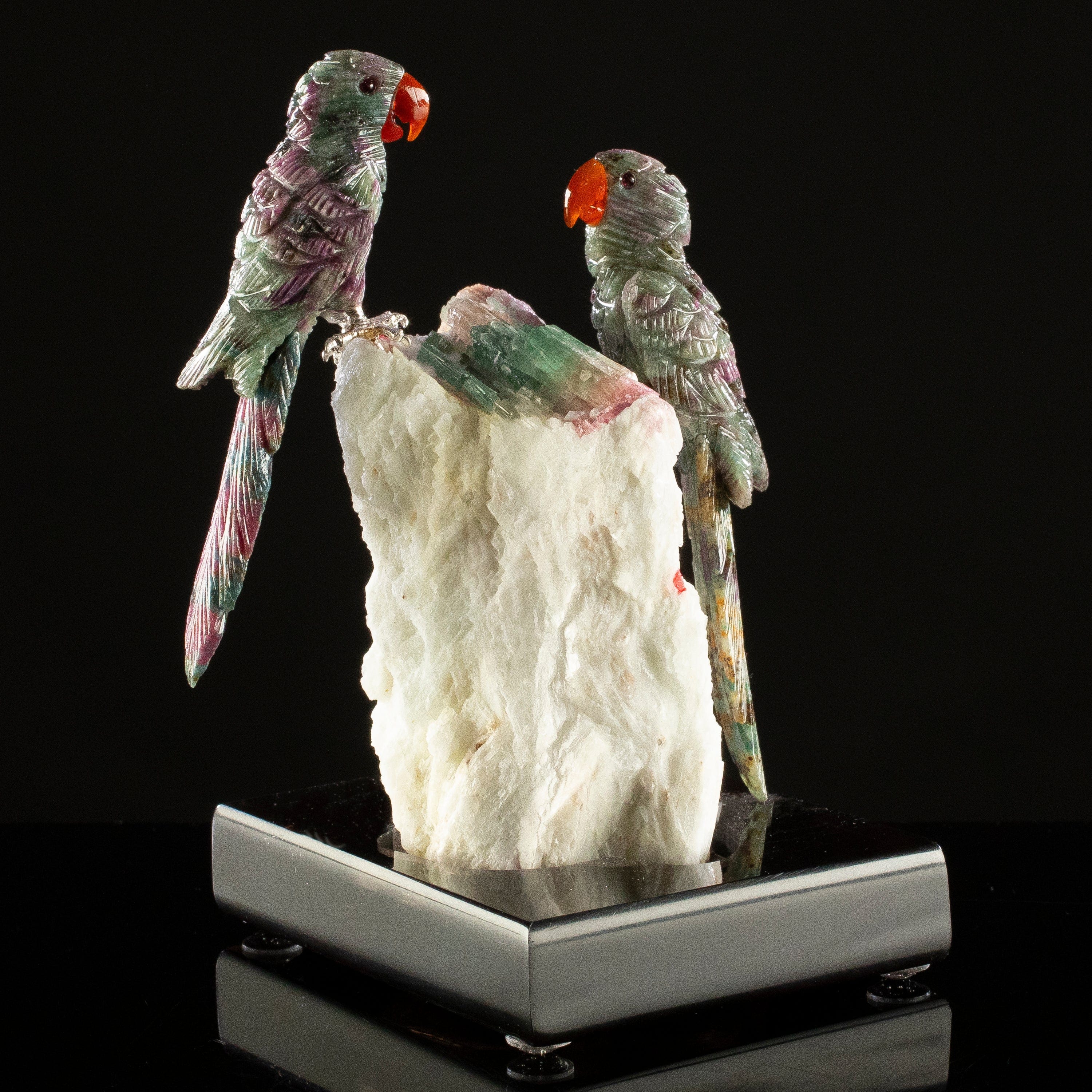 KALIFANO Love Birds Carvings Peter Muller Ruby Macaw Couple Carving on Watermelon Tourmaline Base LB.C215.020