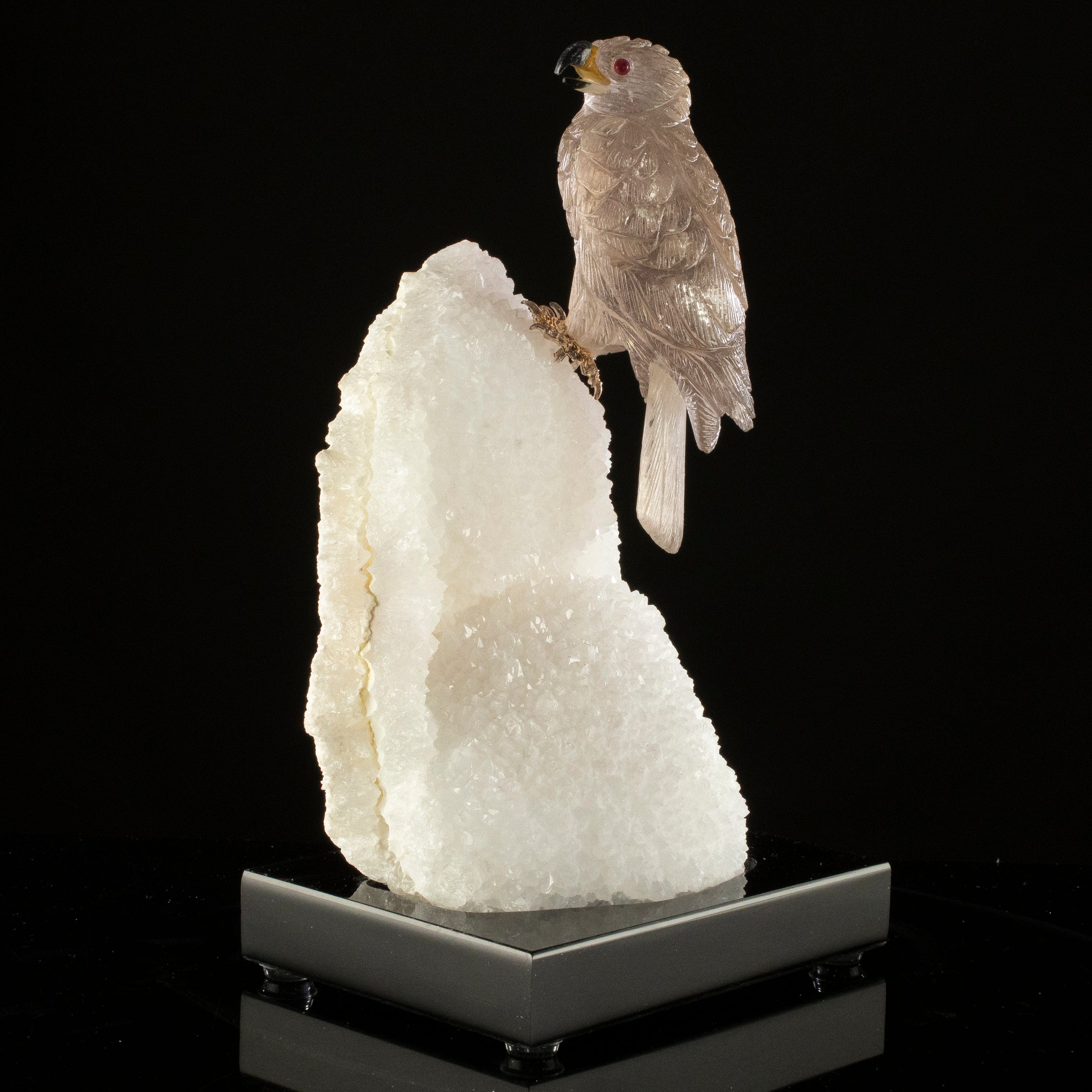 KALIFANO Love Birds Carvings Peter Muller Smoky Quartz Falcon Carving on Quartz Geode Base LB.A163.006