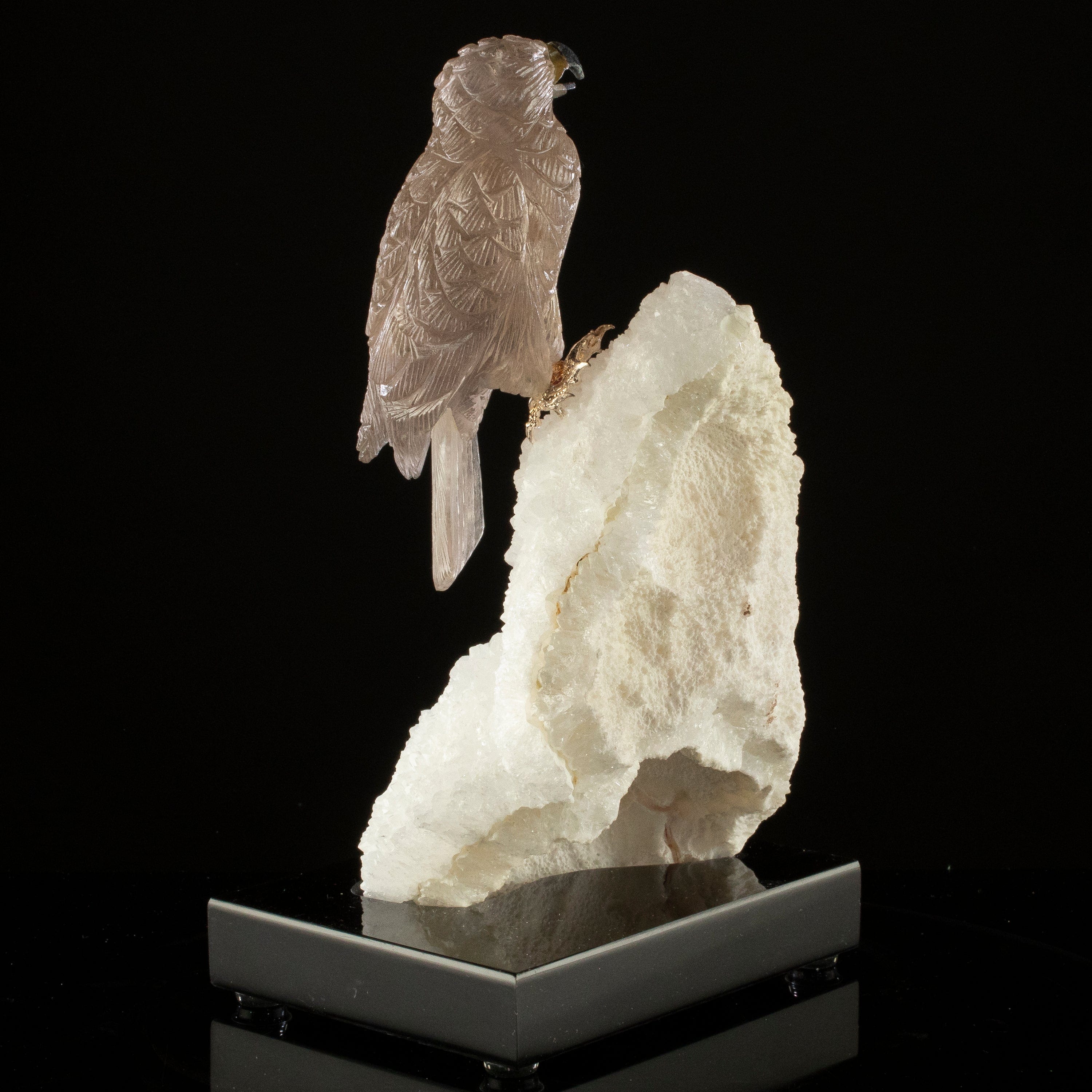 KALIFANO Love Birds Carvings Peter Muller Smoky Quartz Falcon Carving on Quartz Geode Base LB.A163.006