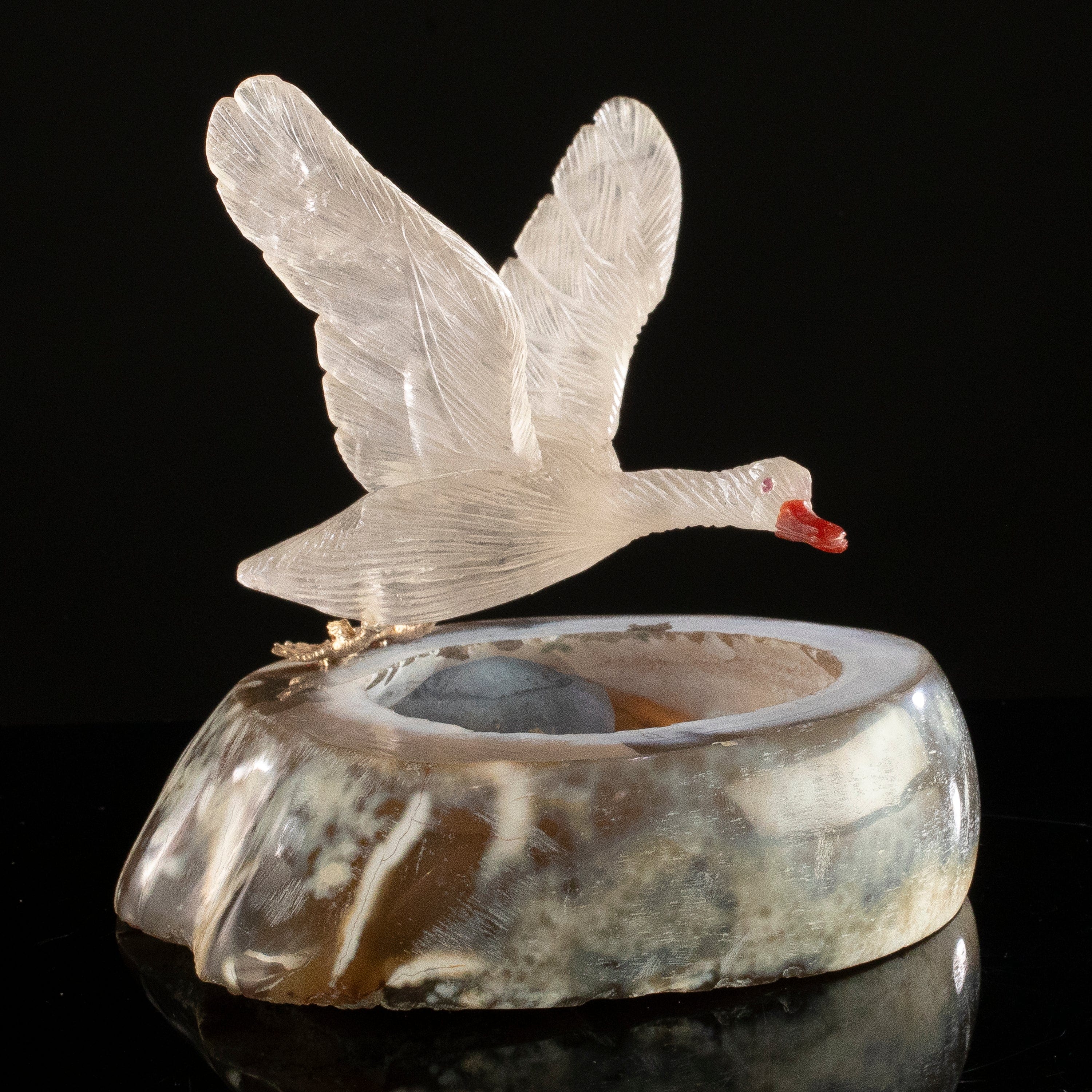 KALIFANO Love Birds Carvings Peter Muller Smoky Quartz Goose  Carving on Agate Geode Base LB.A138.009