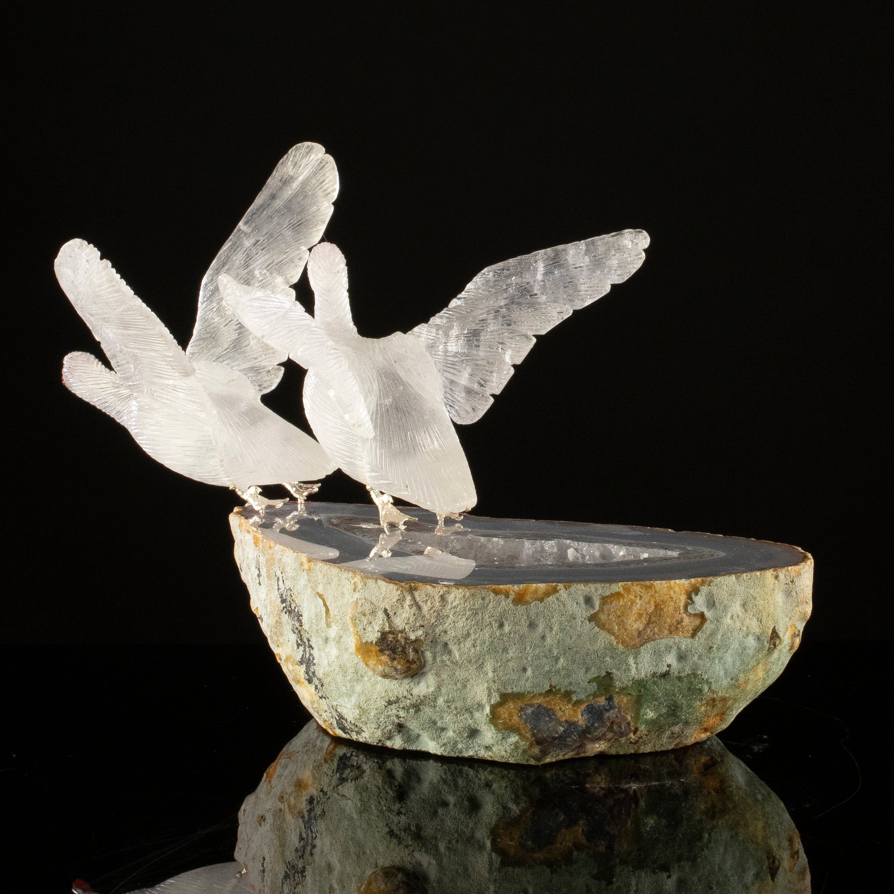 KALIFANO Love Birds Carvings Peter Muller Smoky Quartz Goose Couple Carving on Agate Geode Base LB.A238.010