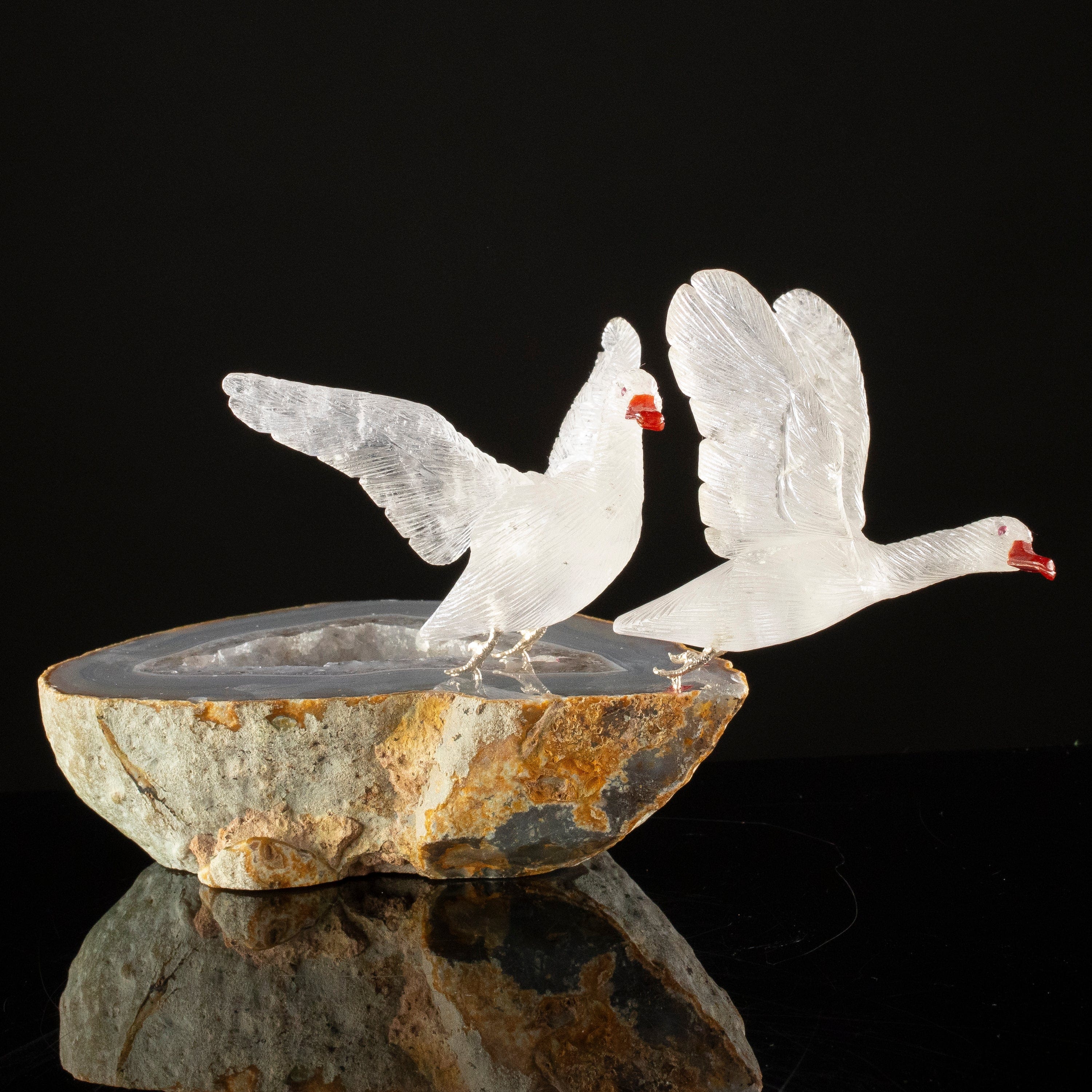 KALIFANO Love Birds Carvings Peter Muller Smoky Quartz Goose Couple Carving on Agate Geode Base LB.A238.010