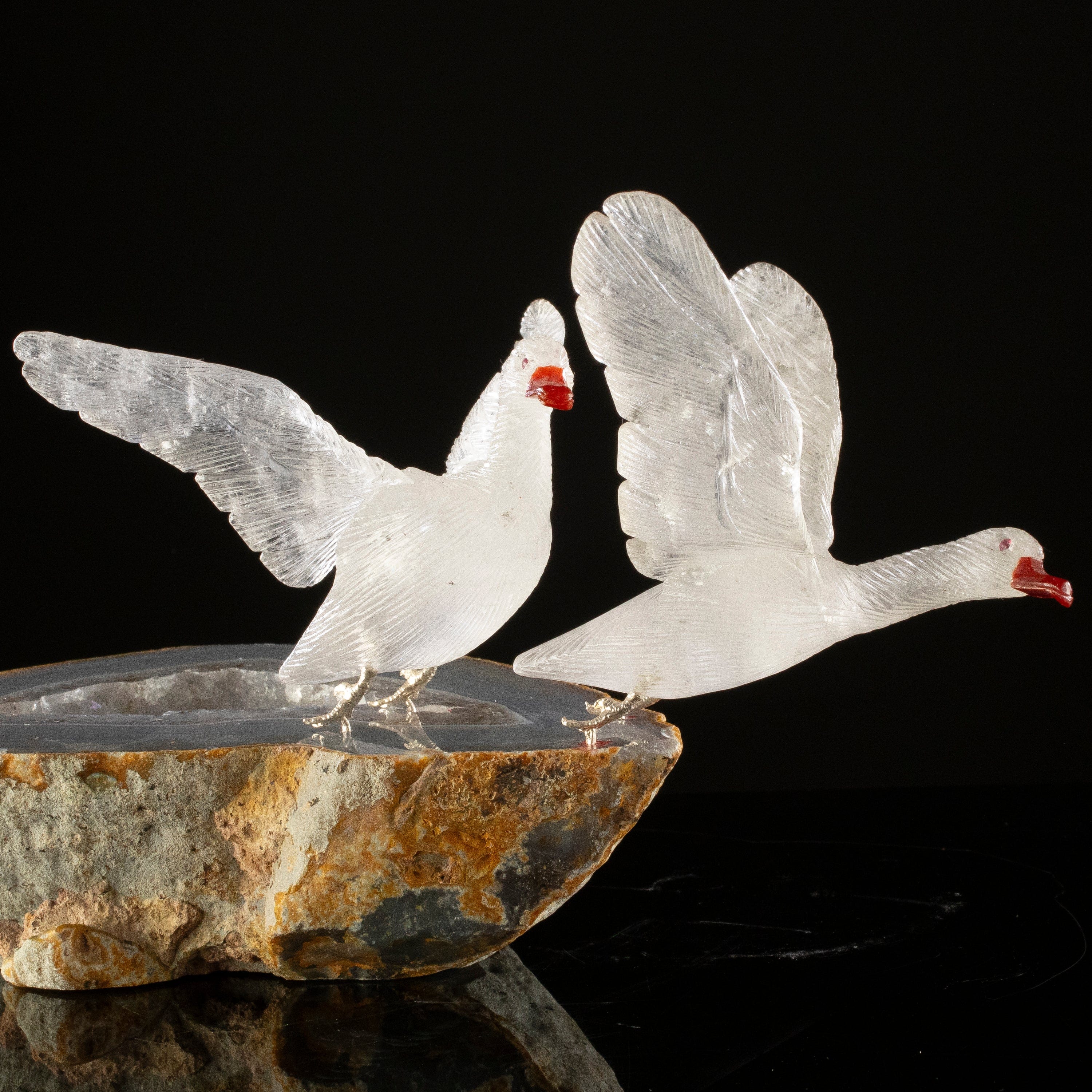 KALIFANO Love Birds Carvings Peter Muller Smoky Quartz Goose Couple Carving on Agate Geode Base LB.A238.010