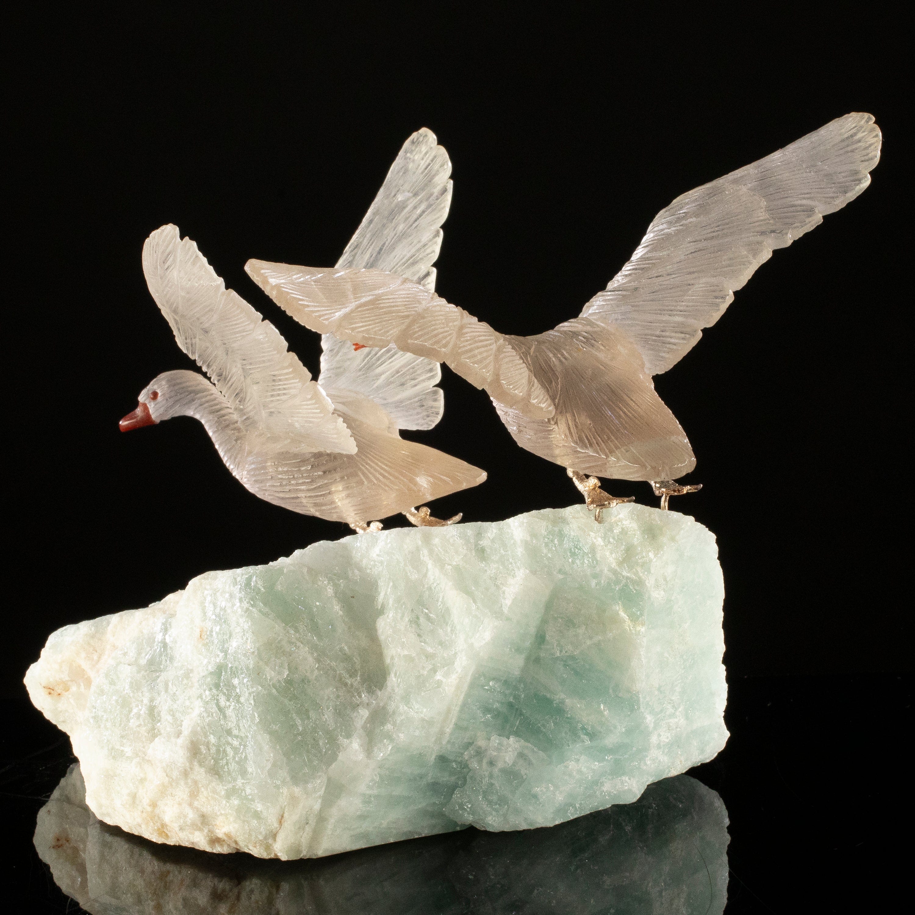 KALIFANO Love Birds Carvings Peter Muller Smoky Quartz Goose Couple Carving on Aquamarine Base LB.A238.009