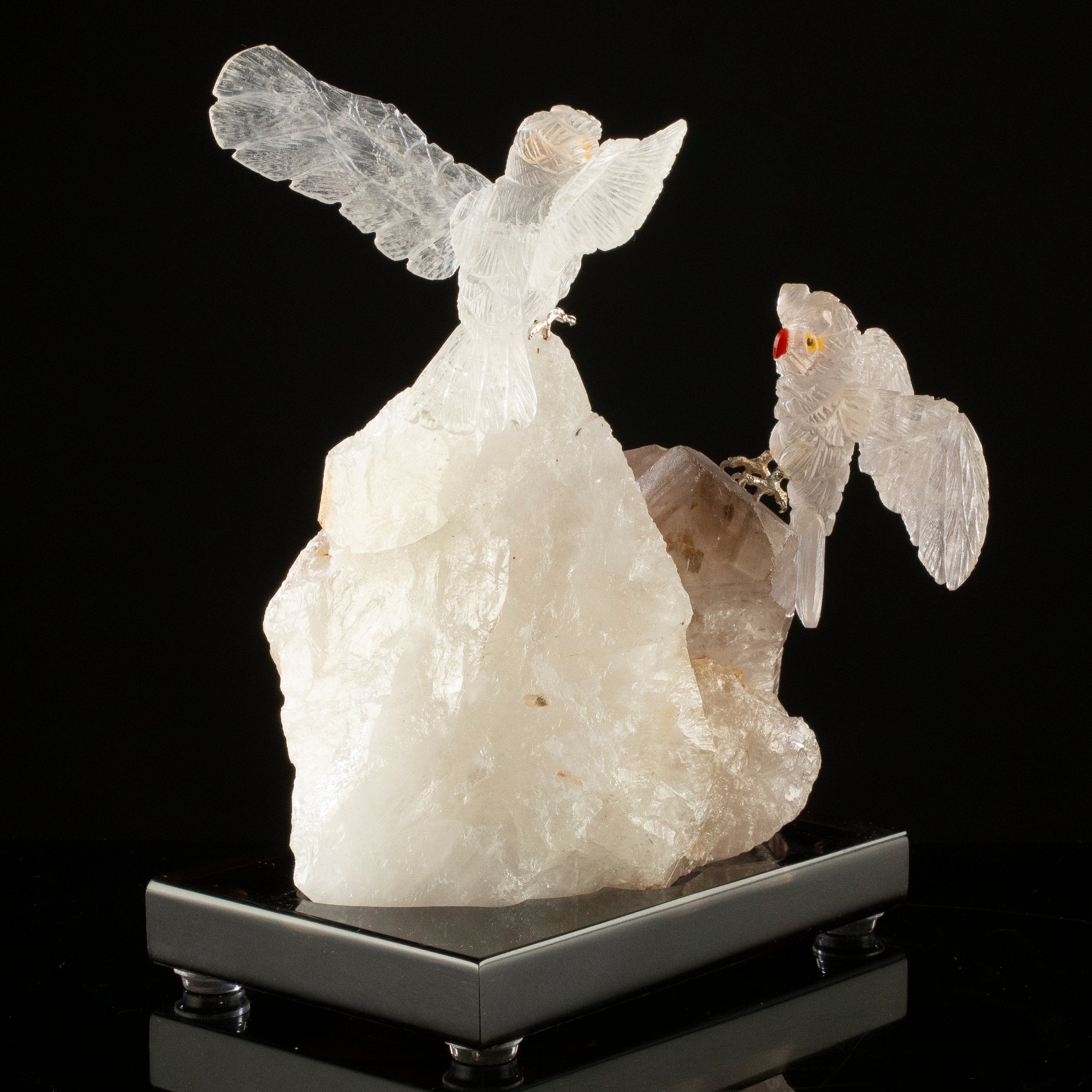 KALIFANO Love Birds Carvings Peter Muller Smoky Quartz Owl Couple Carving on Smoky Quartz Cluster Base LB.C203.009